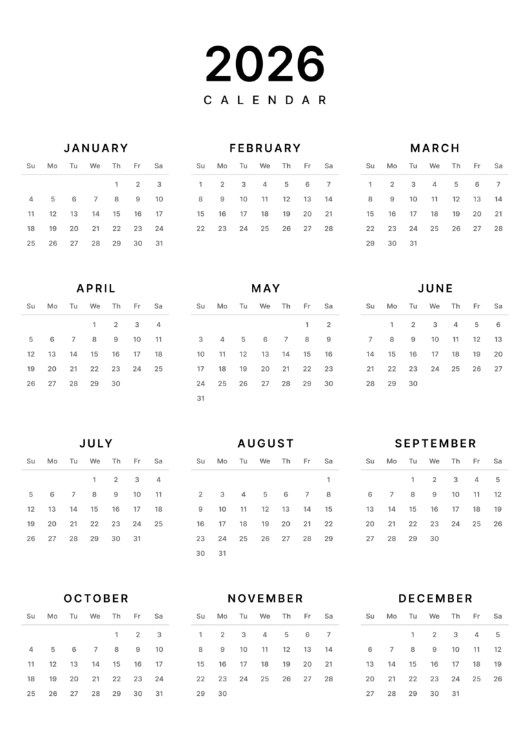 Printable Calendar 2026 (PDF - A4, Us Letter)