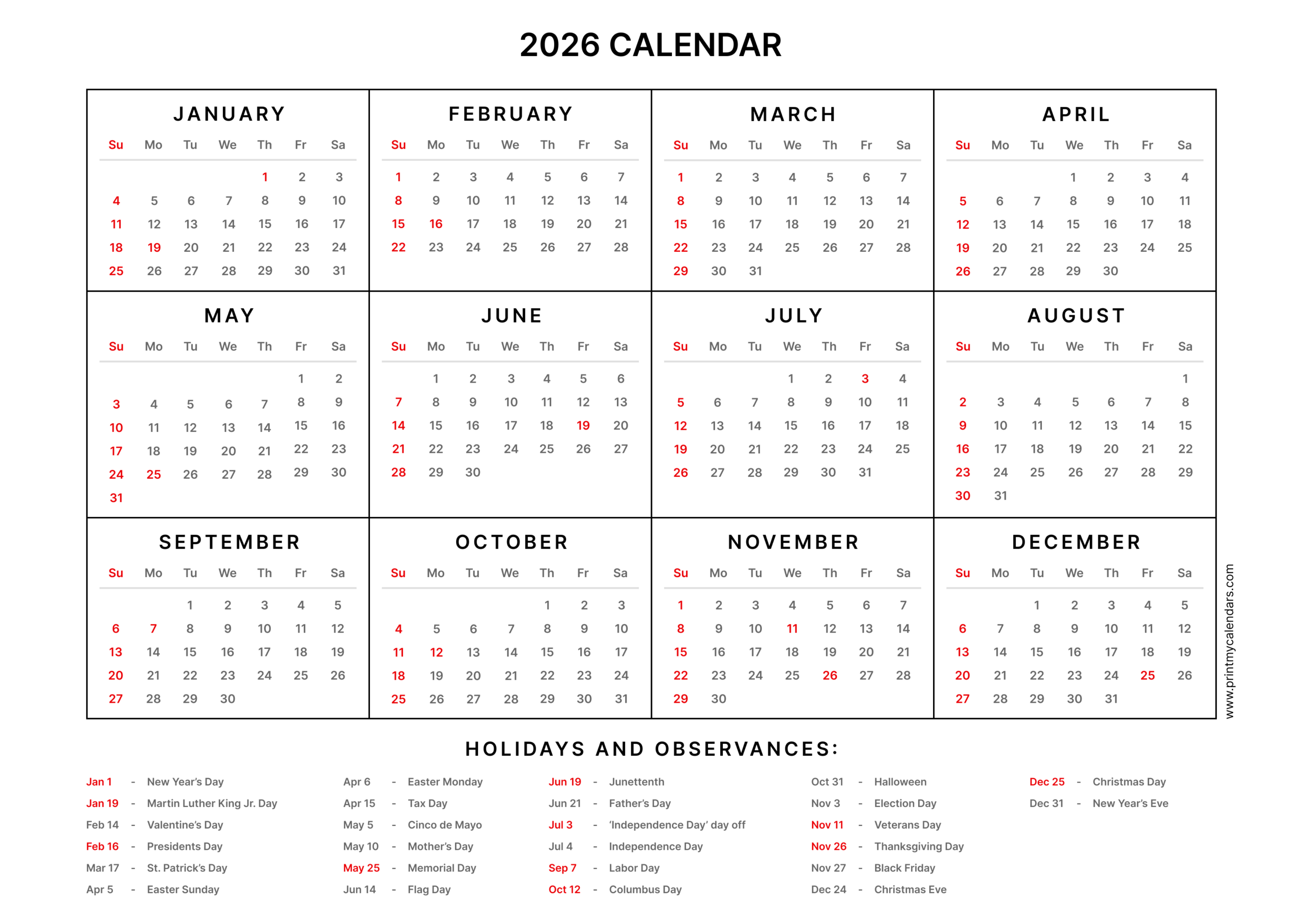 2026 printable calendar with USA holidays
