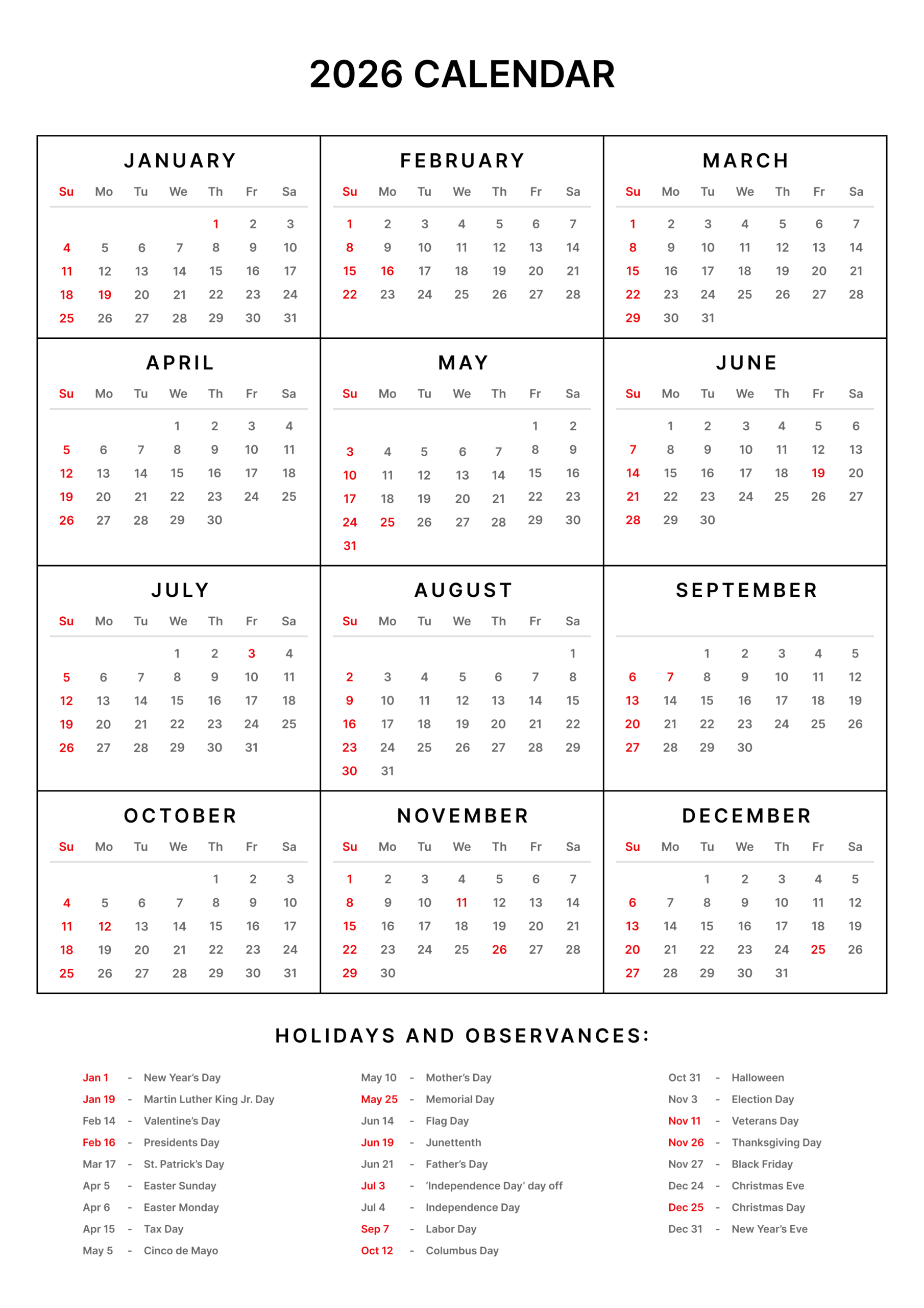 2026 printable calendar with USA holidays