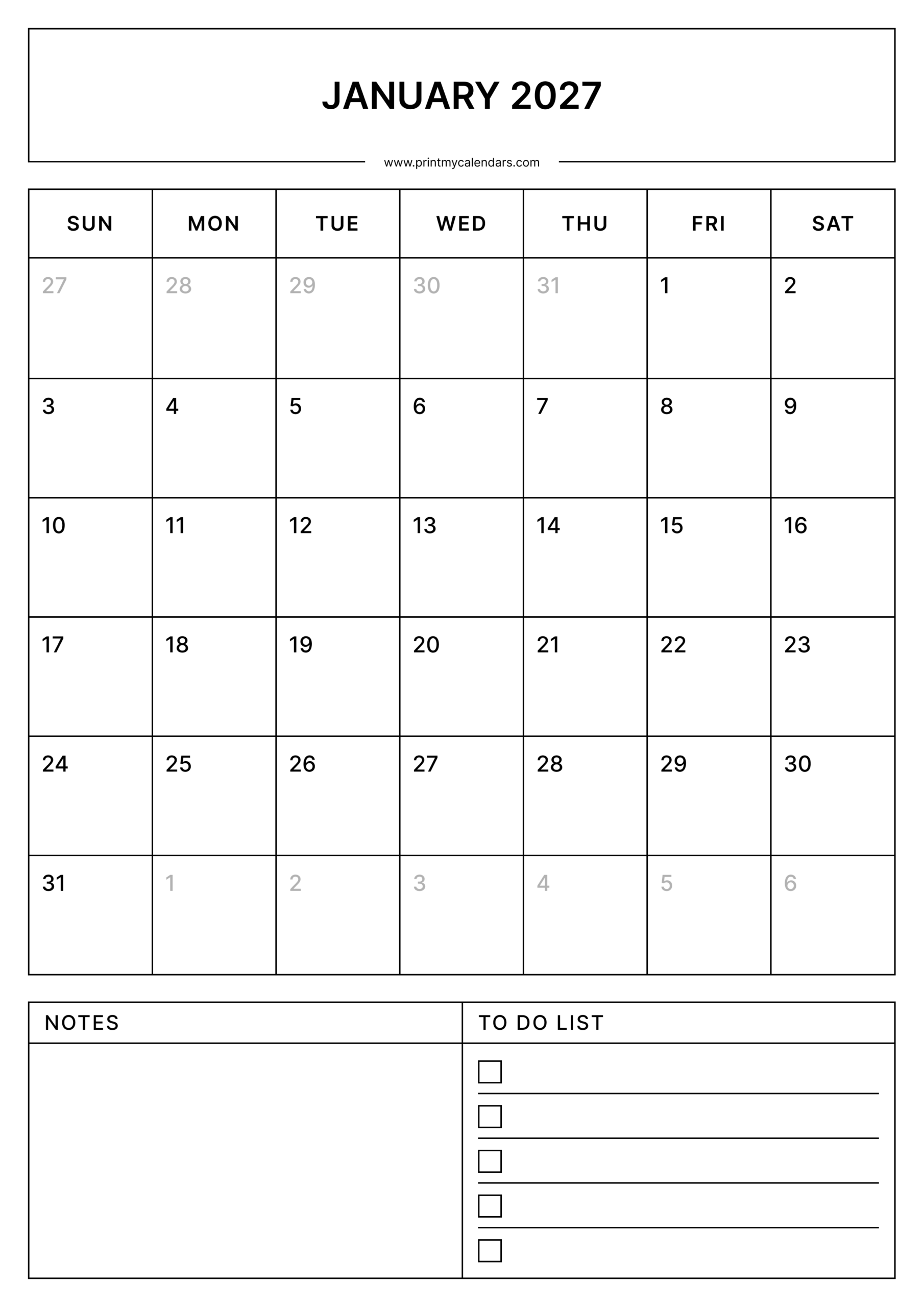 printable January 2027 Calendar, printable january calendar, printable january calendar A4