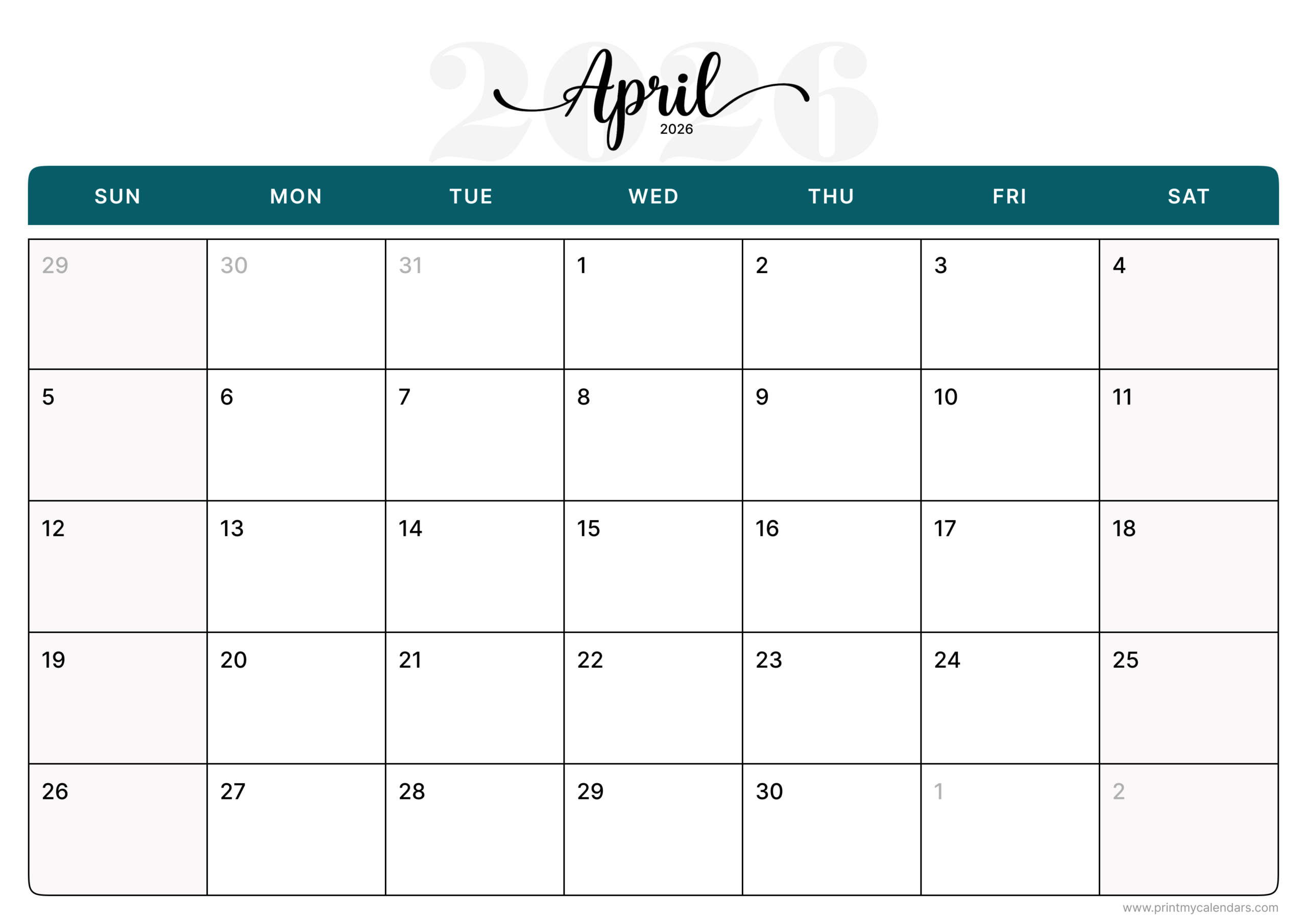 Download Printable Aesthetic April Calendar 2026 Landscape – A4
