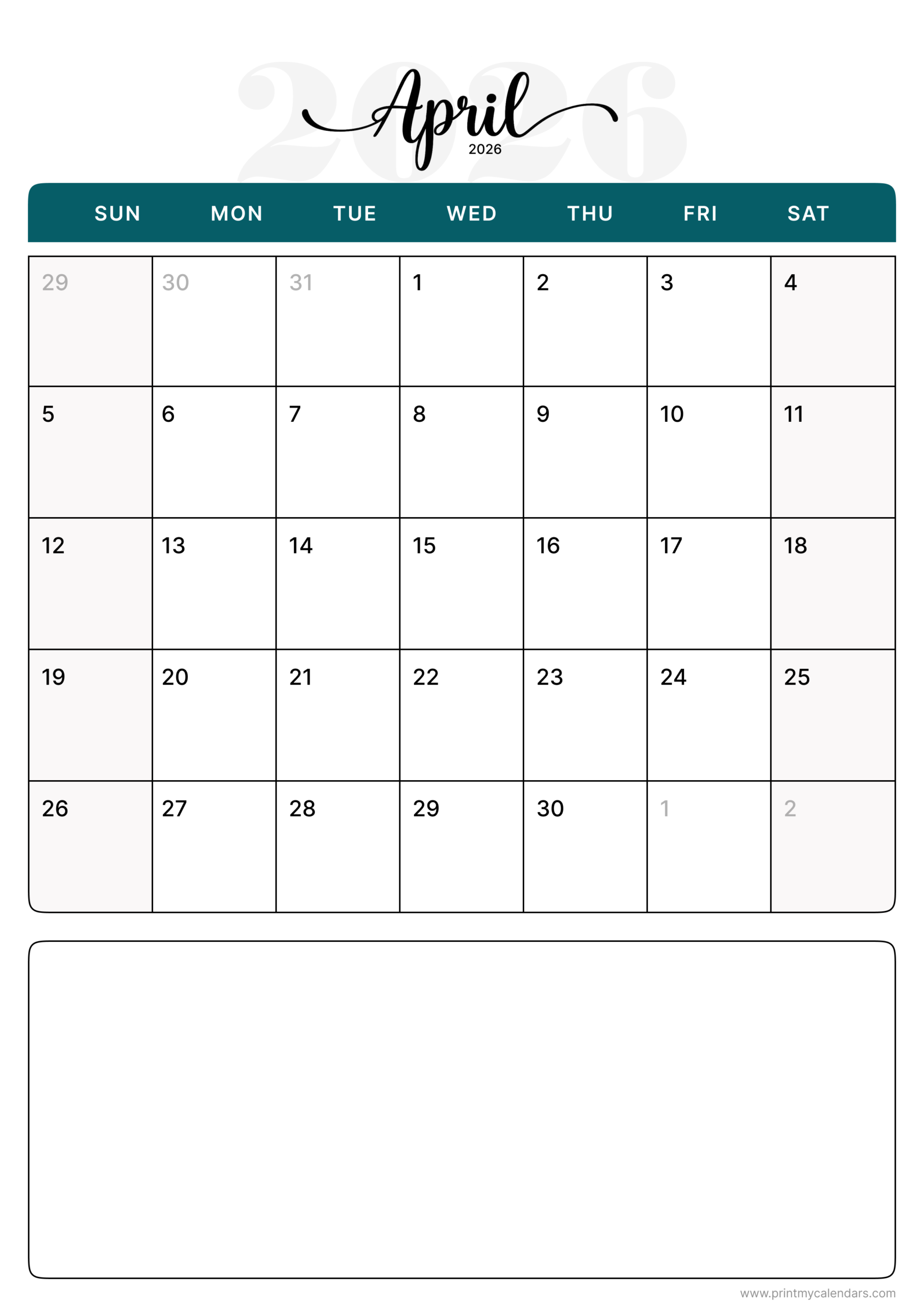 Download Printable Aesthetic April Calendar 2026 Portrait – A4
