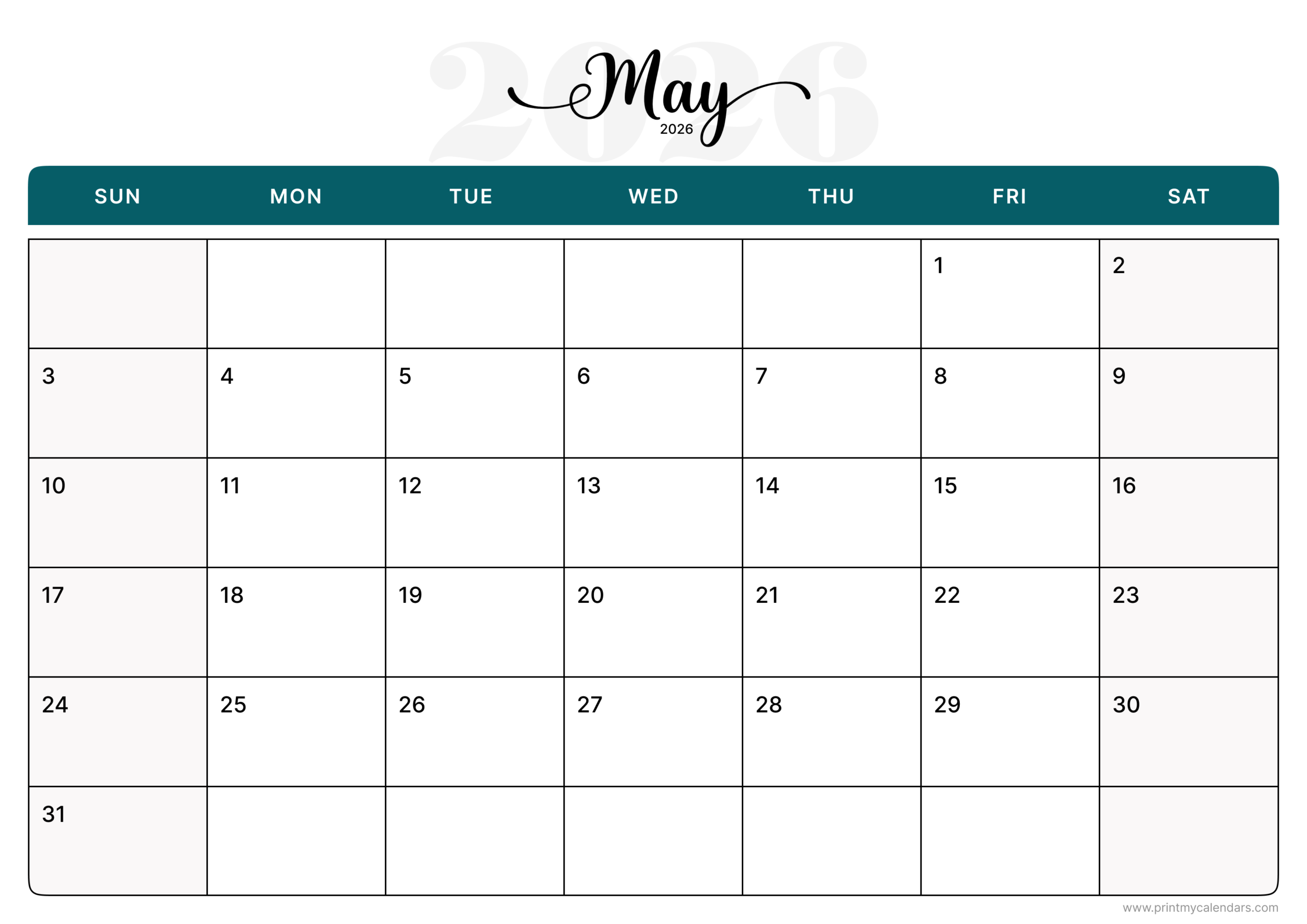 Download Printable Aesthetic May Calendar 2026 Landscape – A4