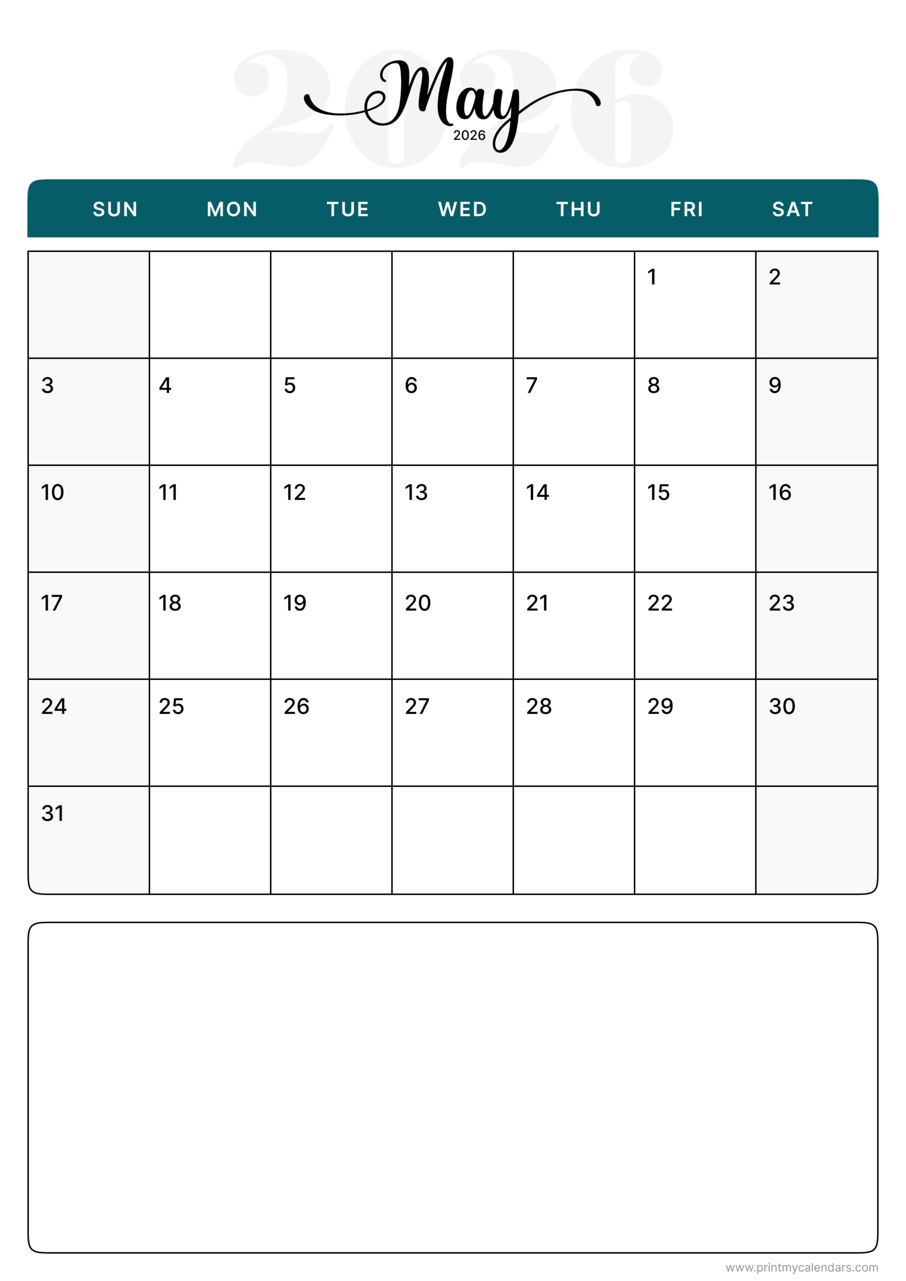 Download Printable Aesthetic May Calendar 2026 Portrait – A4