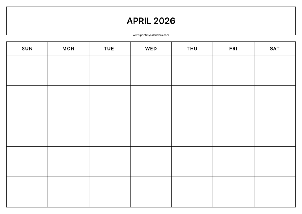 Download Printable April Blank Calendar 2026 Landscape