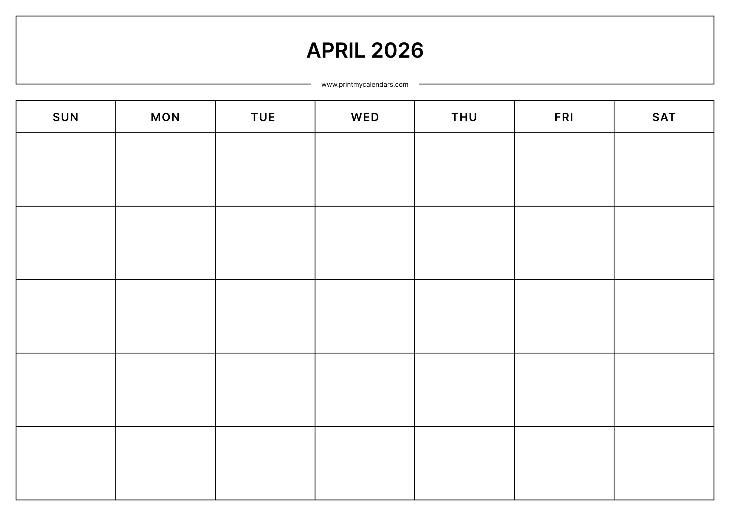 Printable April 2026 Calendar – Printable Templates PDF