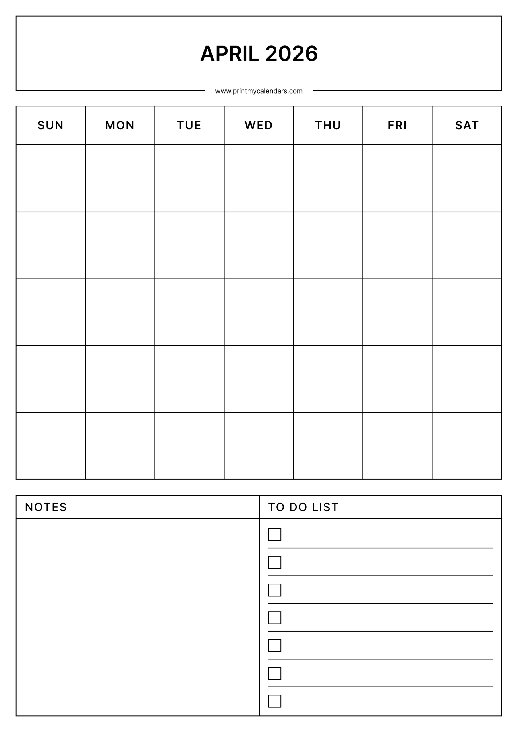 Download Printable April Blank Calendar 2026 Portrait