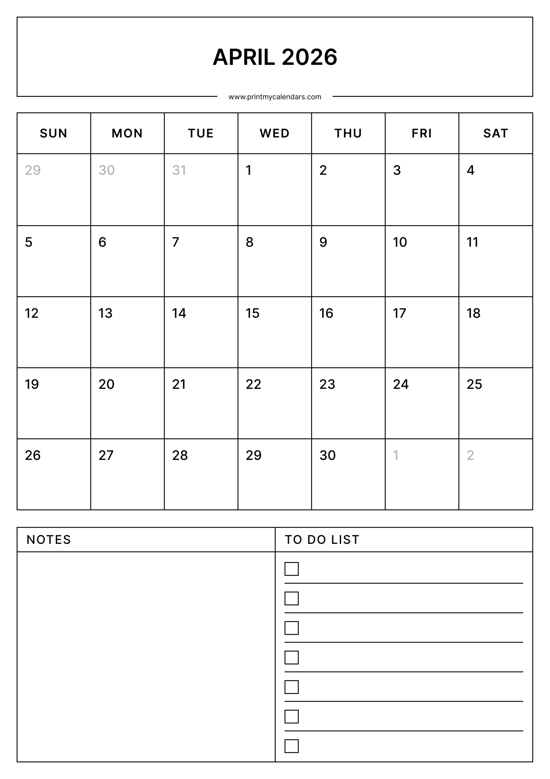 Download Printable April Calendar 2026 A4 Size
