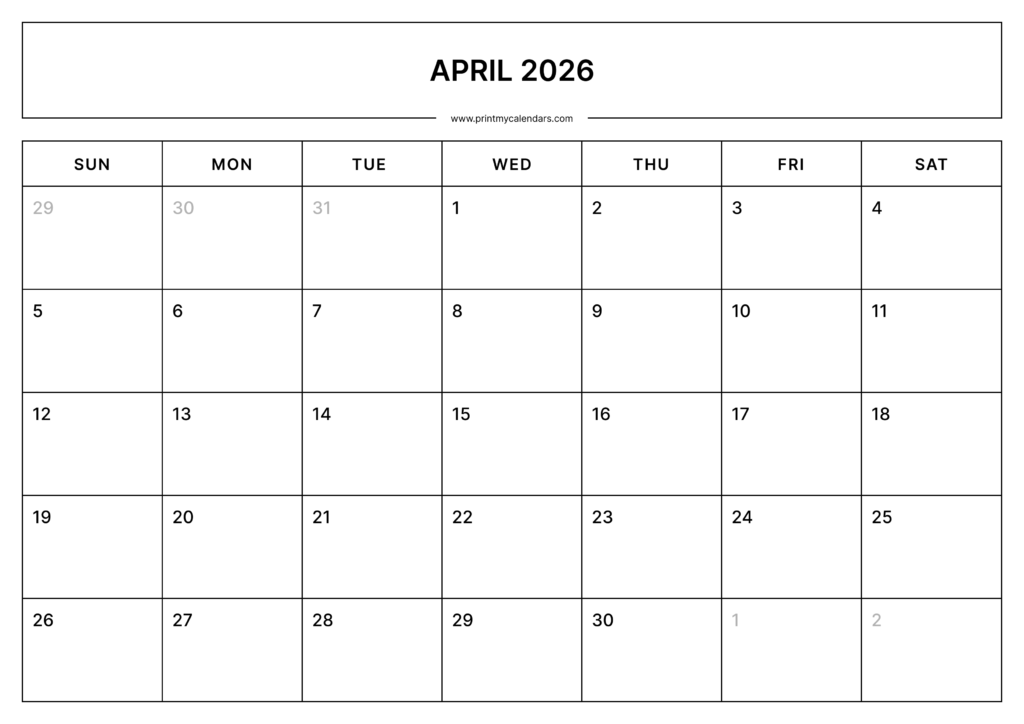 Download Printable April Calendar 2026 A4 Size – Landscape