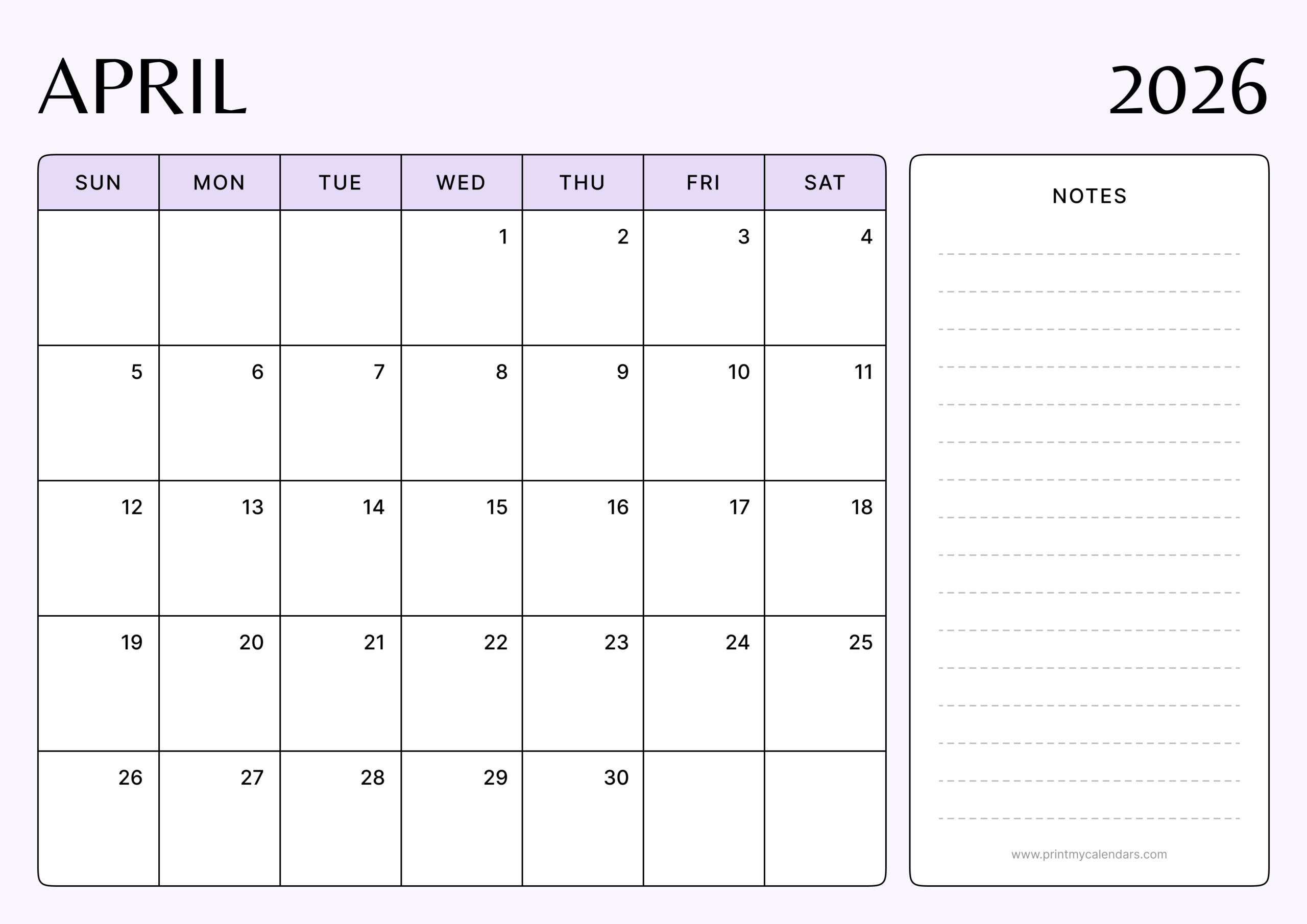 Download Printable April Calendar 2026 Purple Landscape – A4
