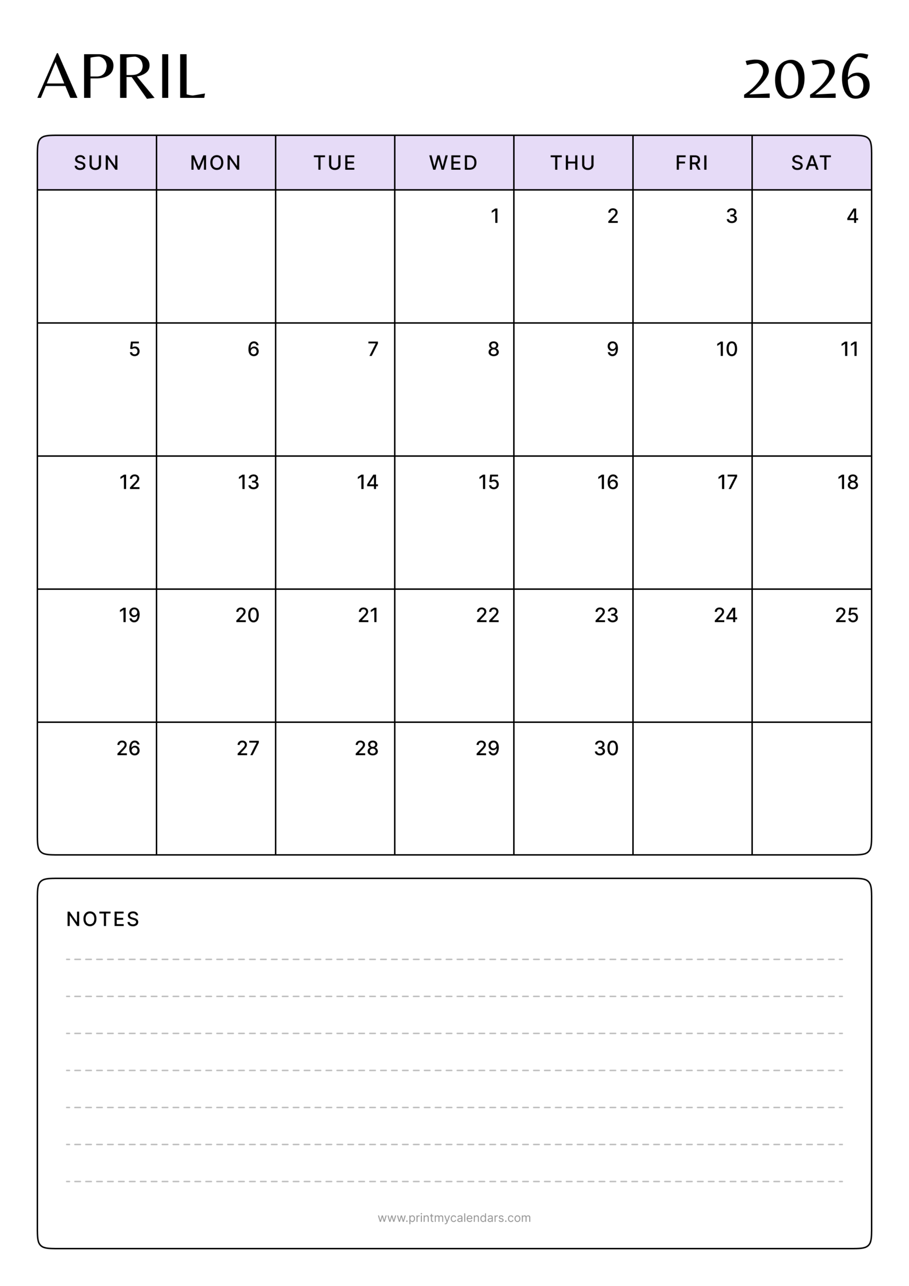 Download Printable April Calendar 2026 Purple Portrait - A4