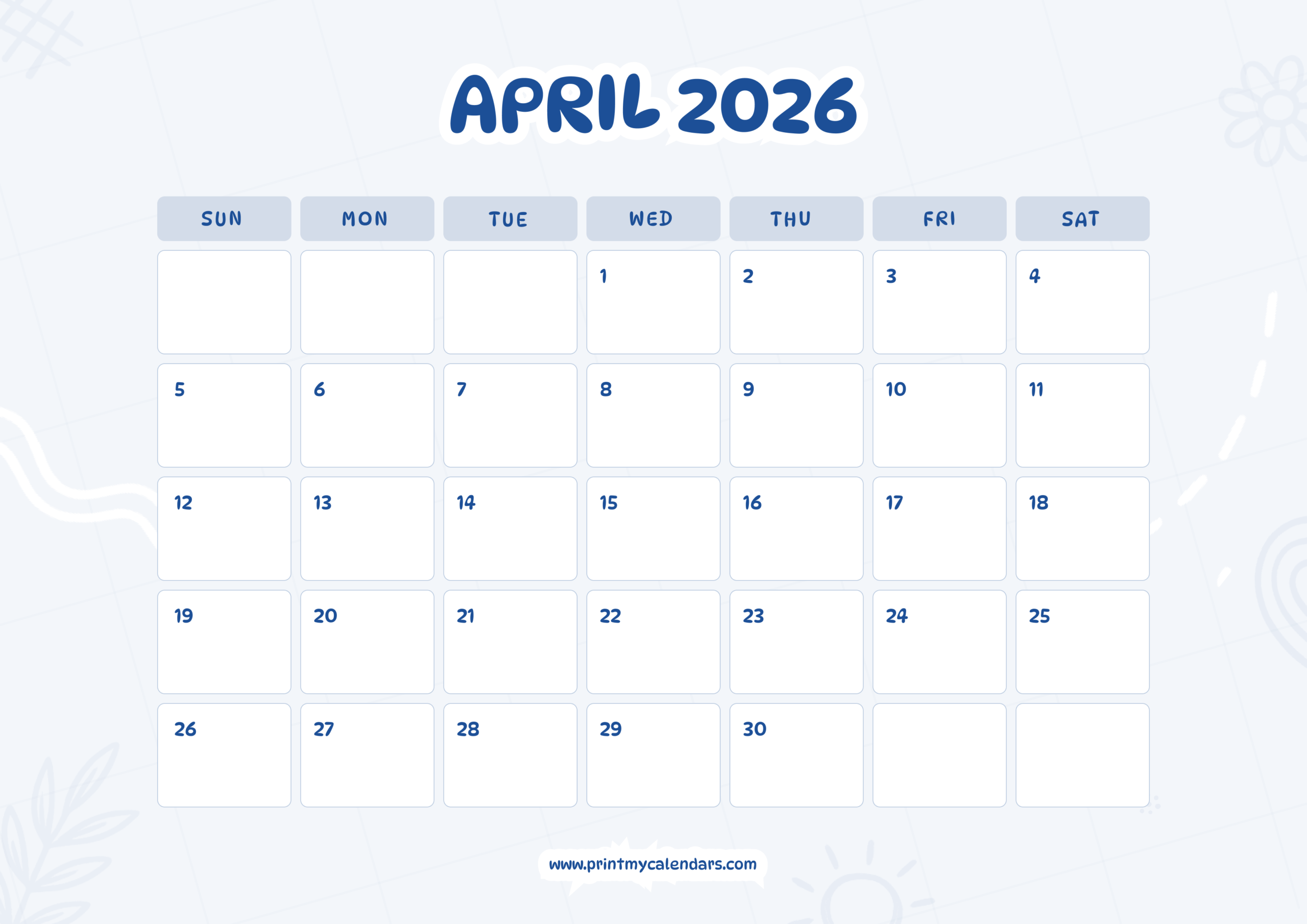 Download Printable Blue April Calendar 2026 Landscape – A4
