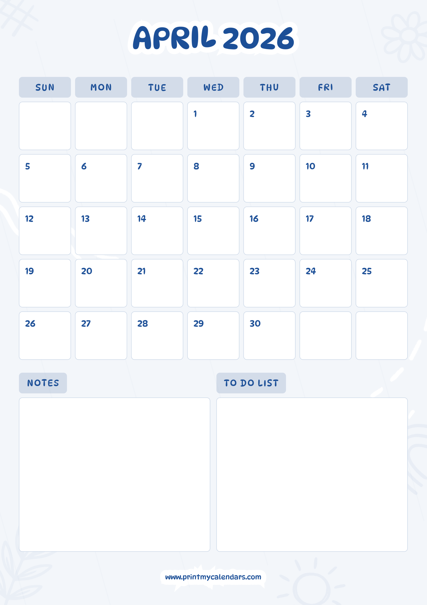 Download Printable Blue April Calendar 2026 Portrait – A4
