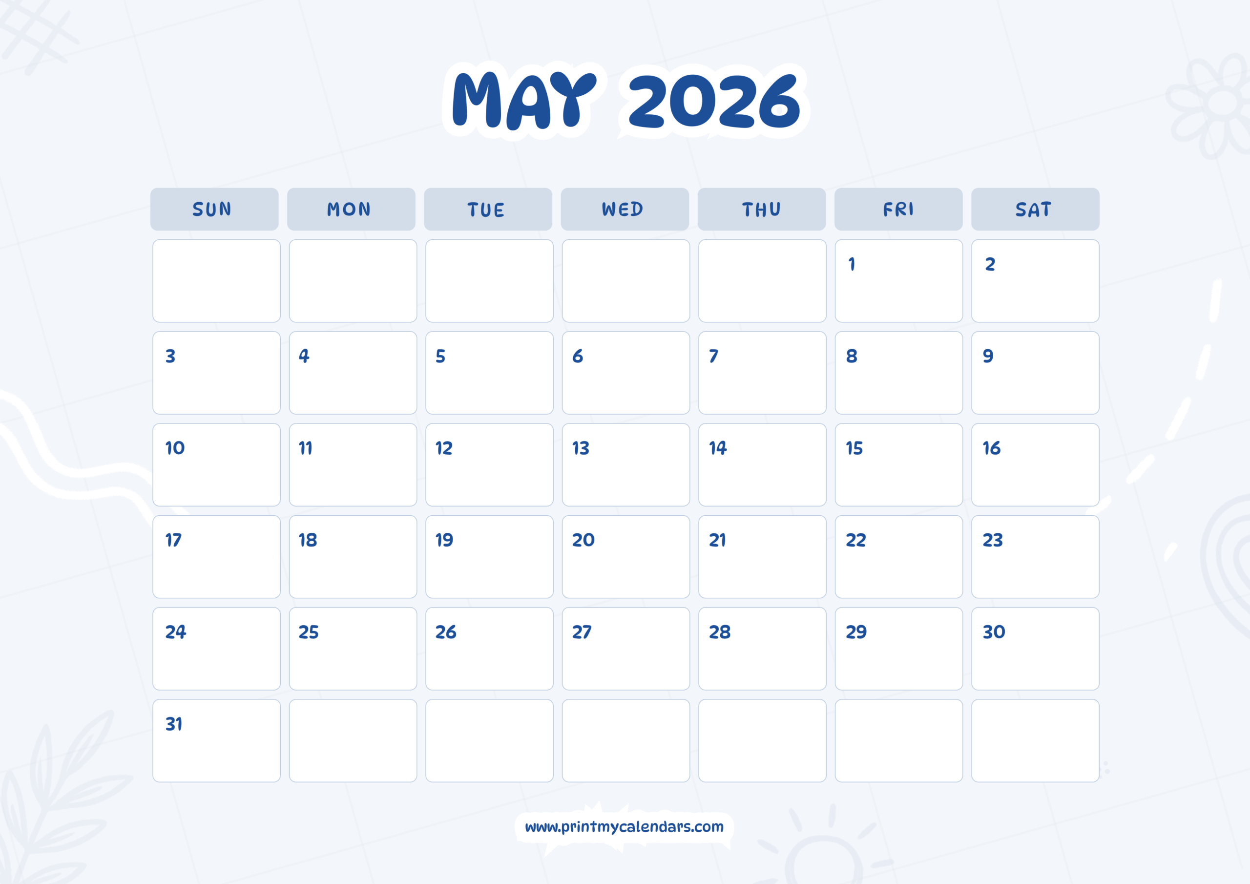 Download Printable Blue May Calendar 2026 Landscape – A4