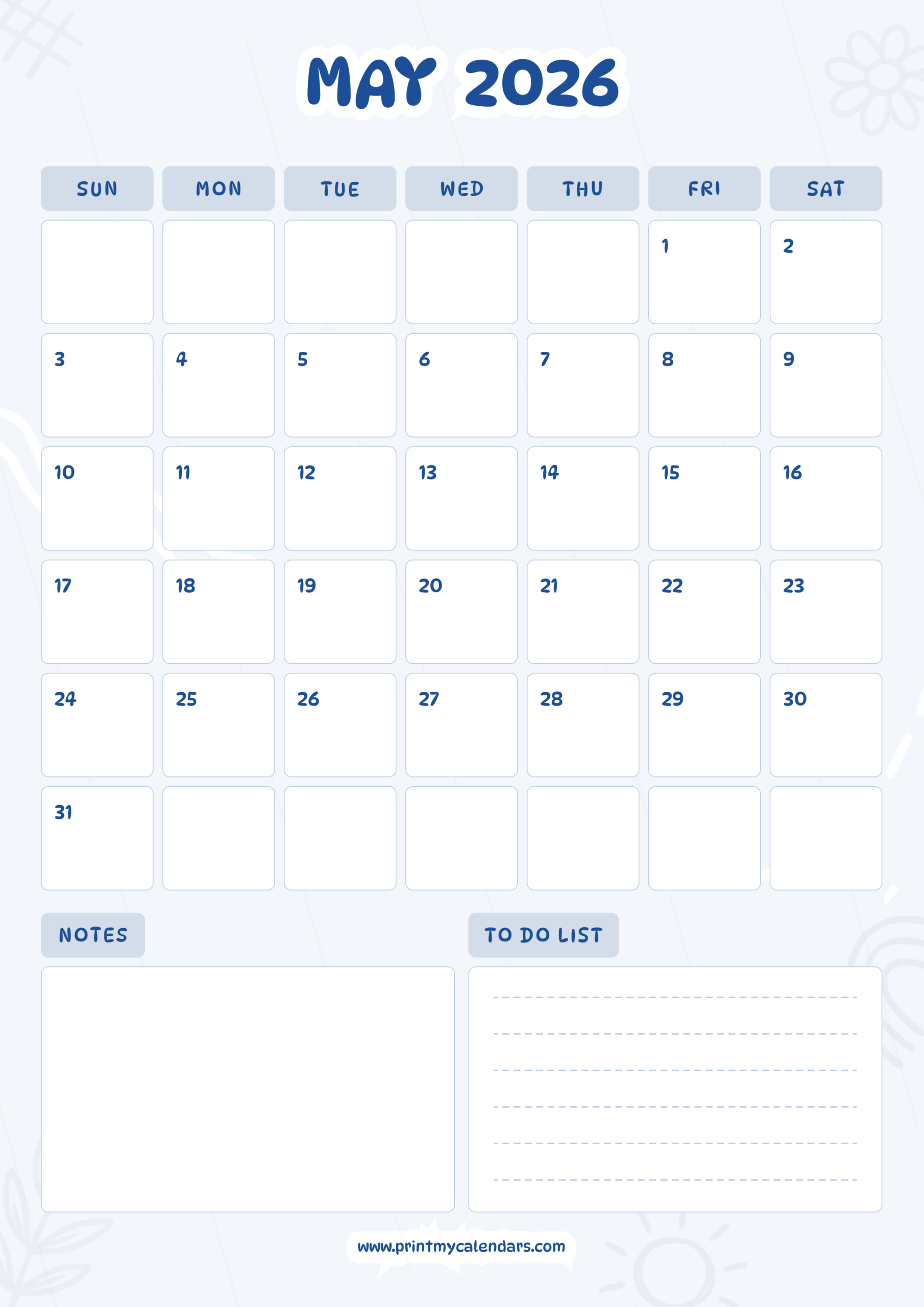Download Printable Blue May Calendar 2026 Portrait – A4