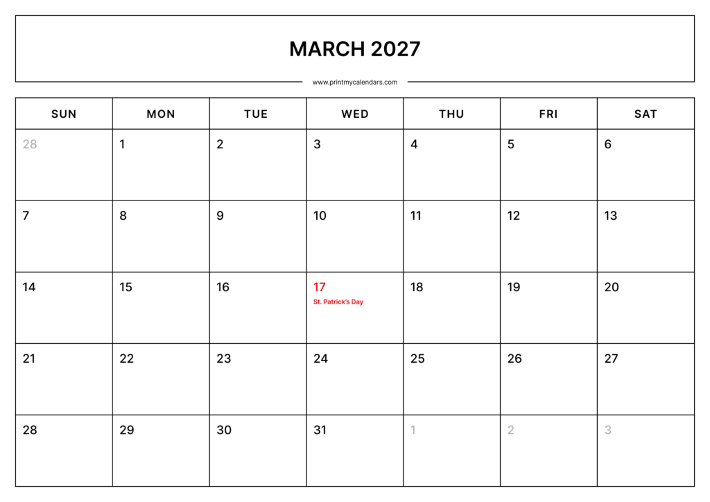 Download Printable February Calendar 2027 A4 Size – Landscape
