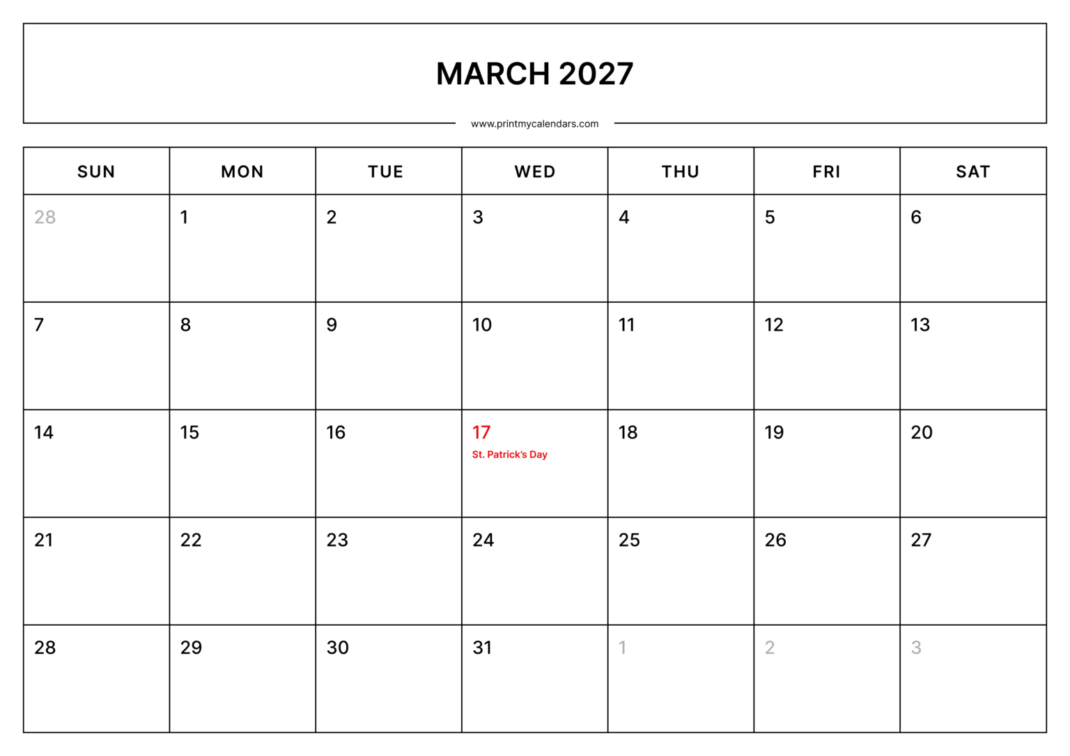 Free March Printable Calendar 2027 (PDF, Blank, Aesthetic Templates)