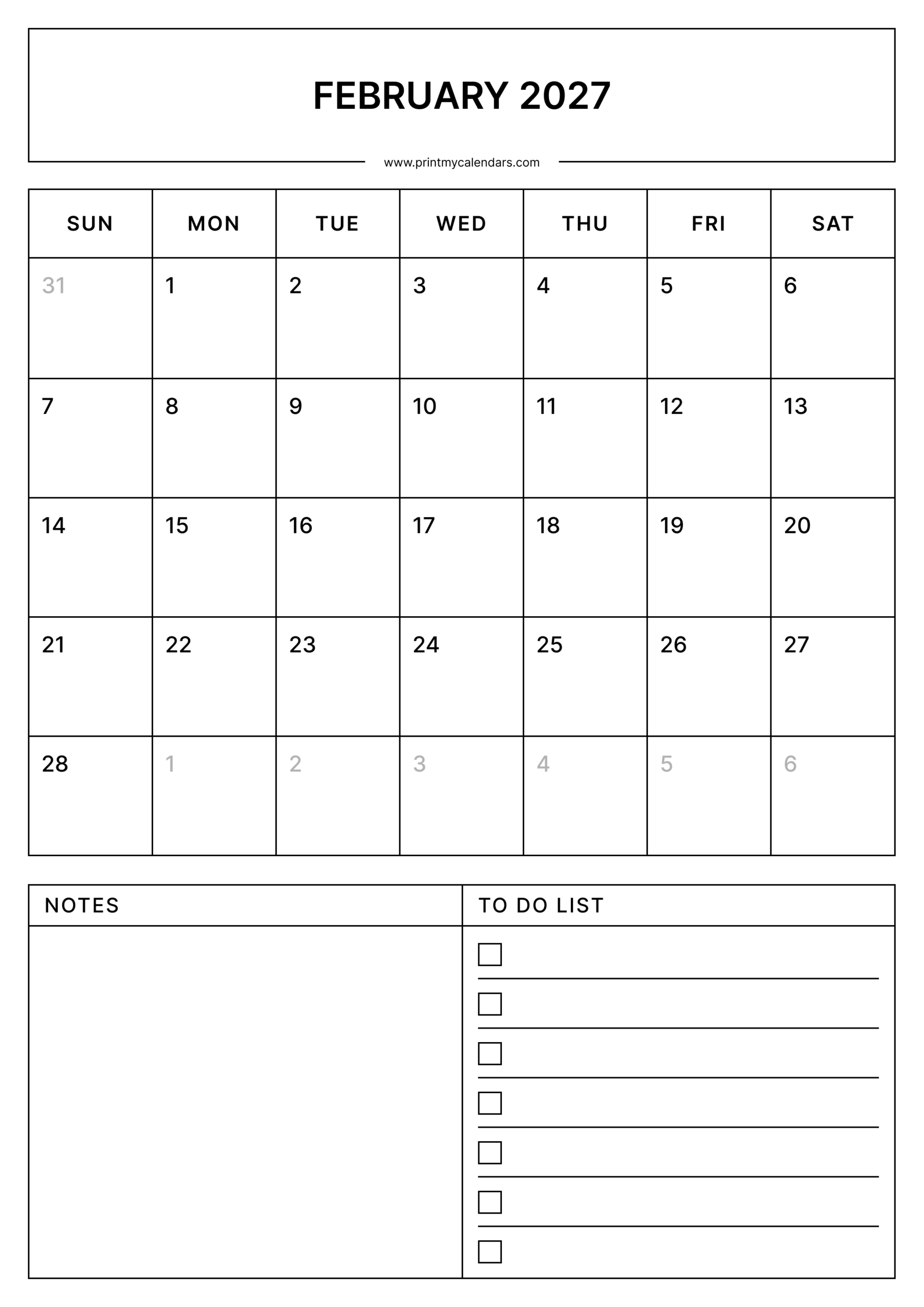 Download Printable February Calendar 2027