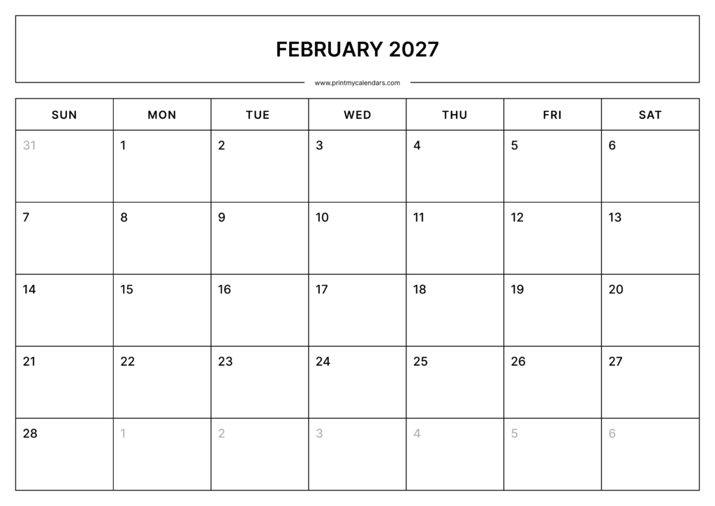 Printable February Calendar 2027 – Landscape