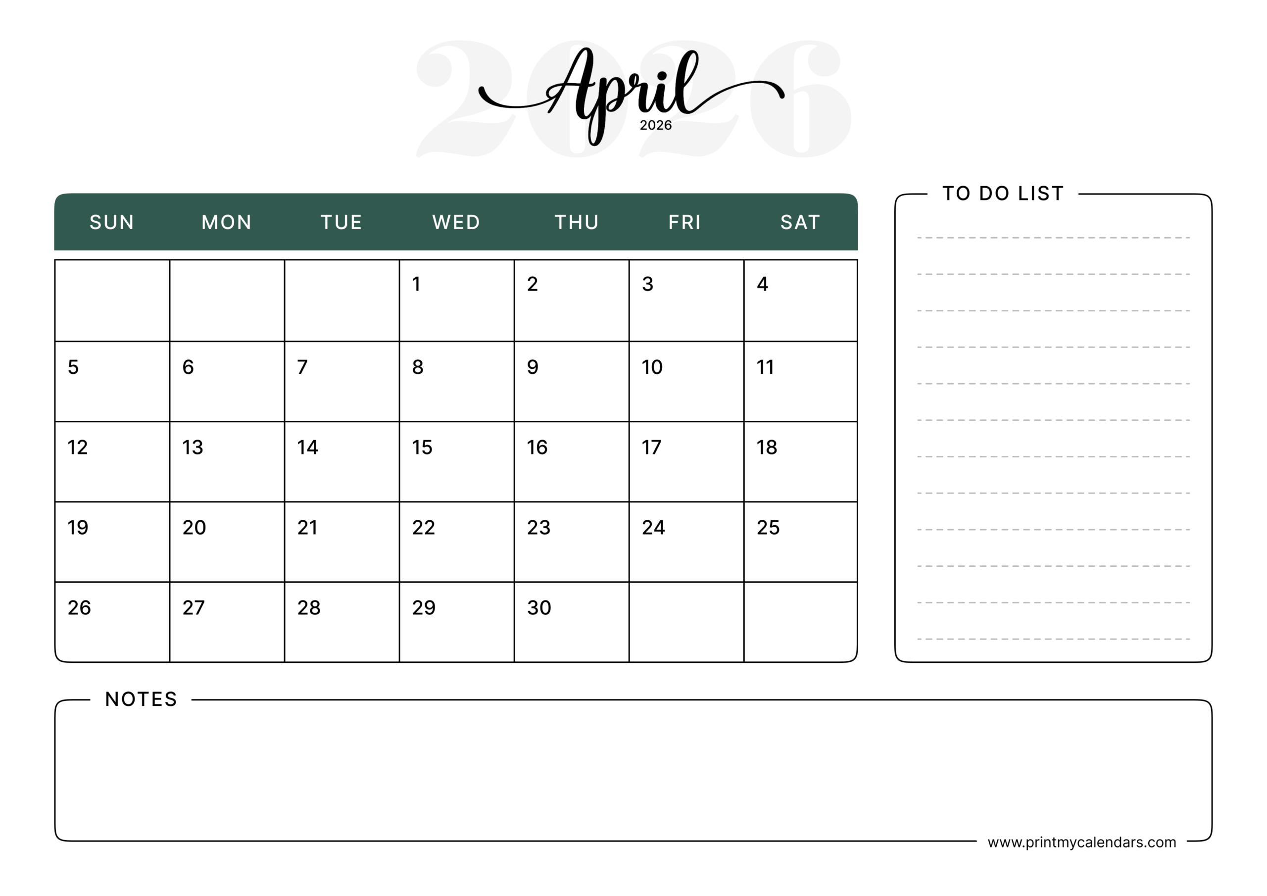 Download Printable Green Aesthetic April Calendar 2026 Portrait – A4
