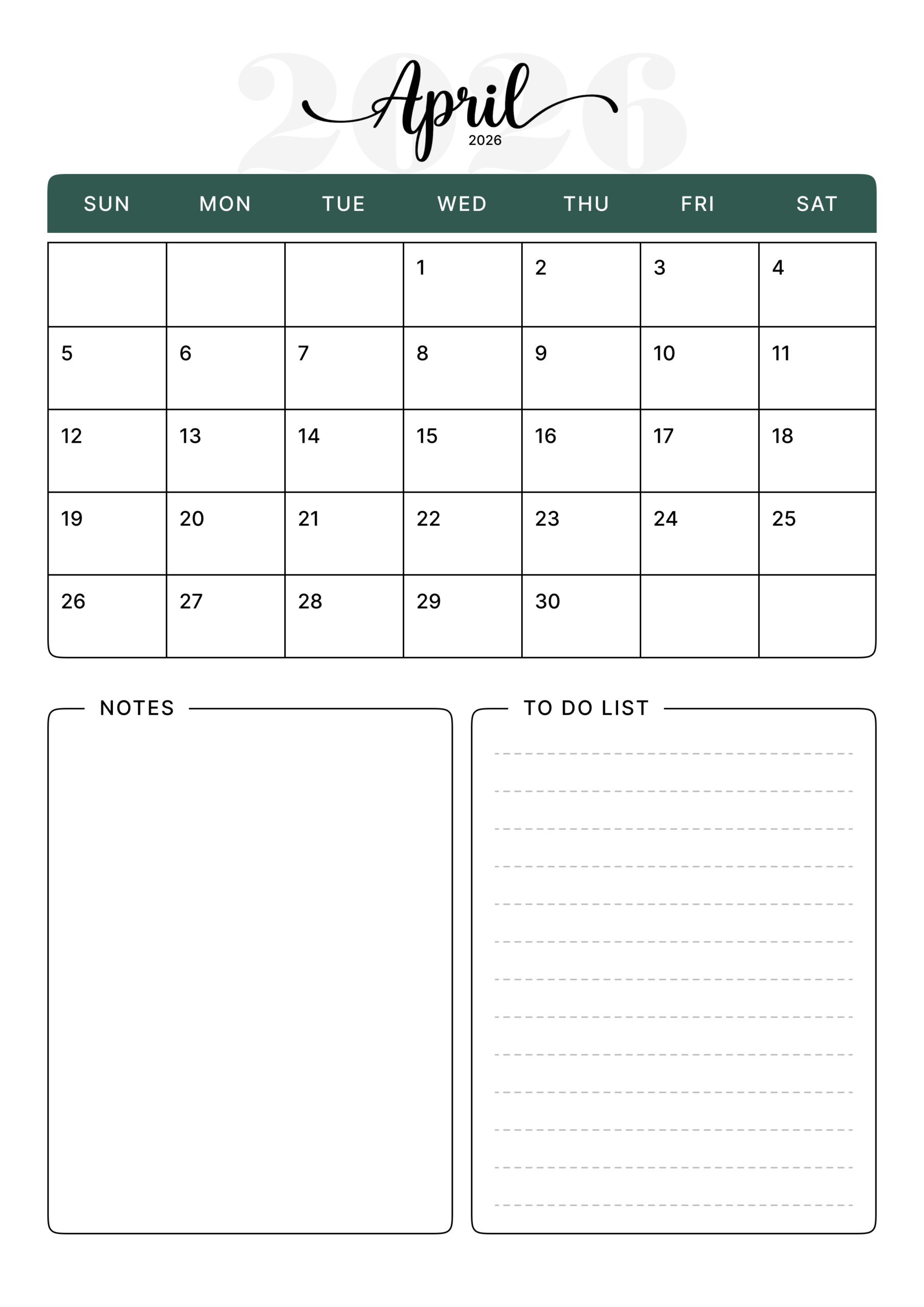 Download Printable Green Aesthetic April Calendar 2026 Portrait – A4
