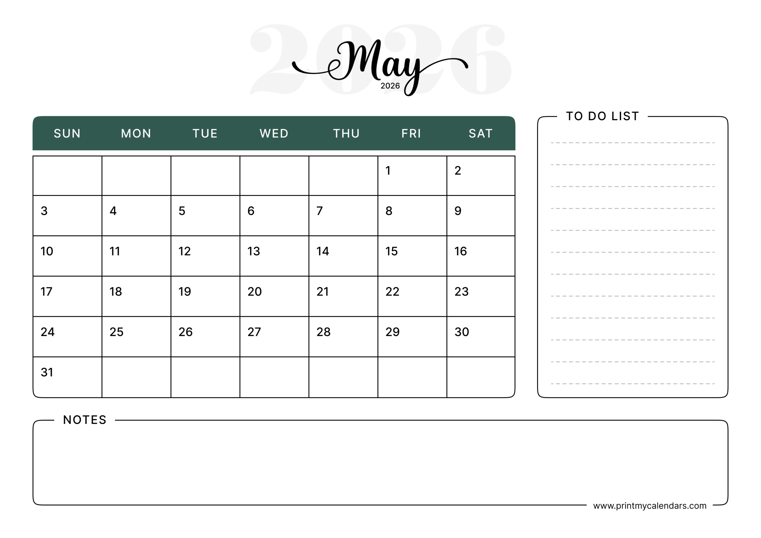 Download Printable Green Aesthetic May Calendar 2026 Landscape – A4