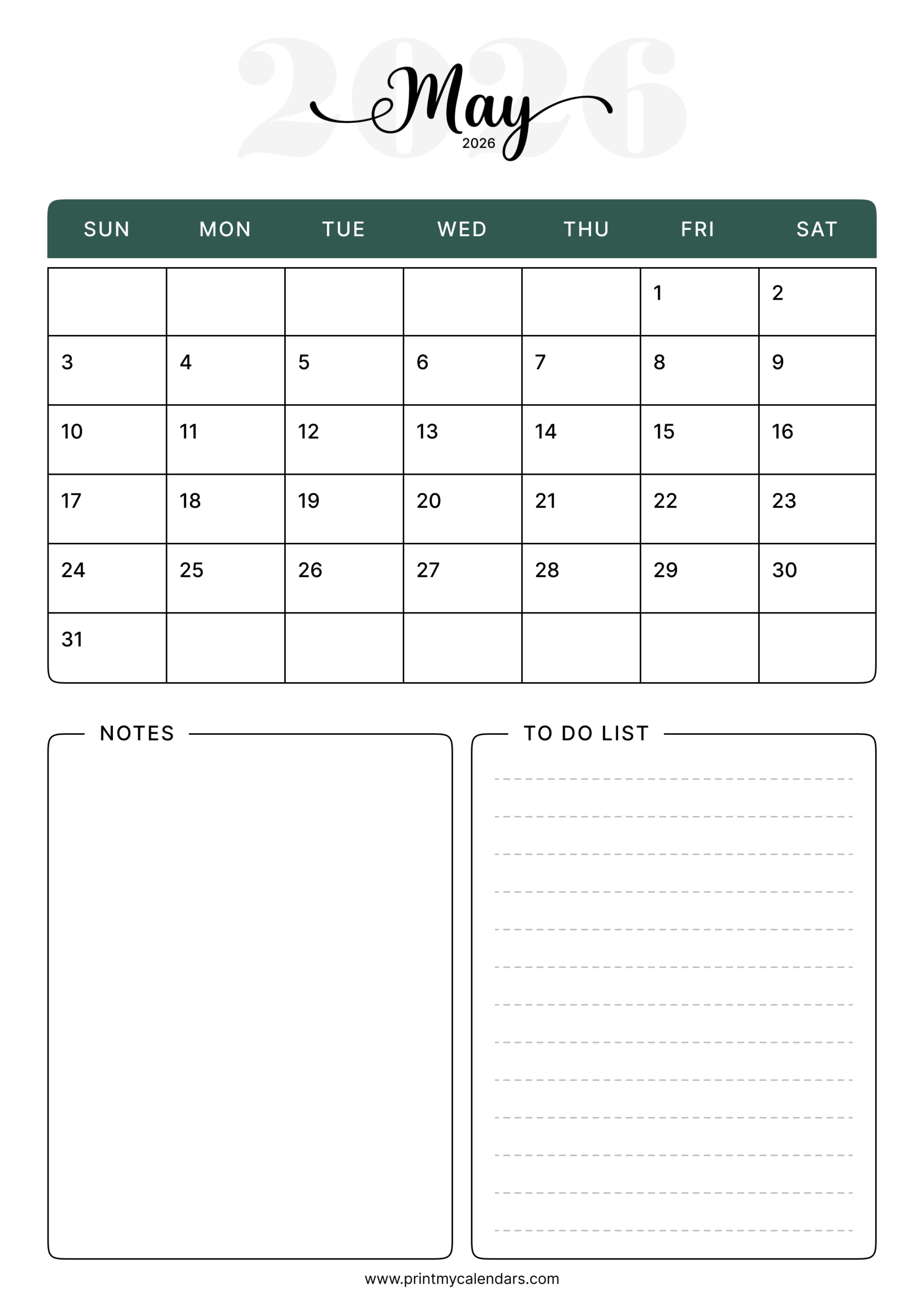 Download Printable Green Aesthetic May Calendar 2026 Portrait – A4