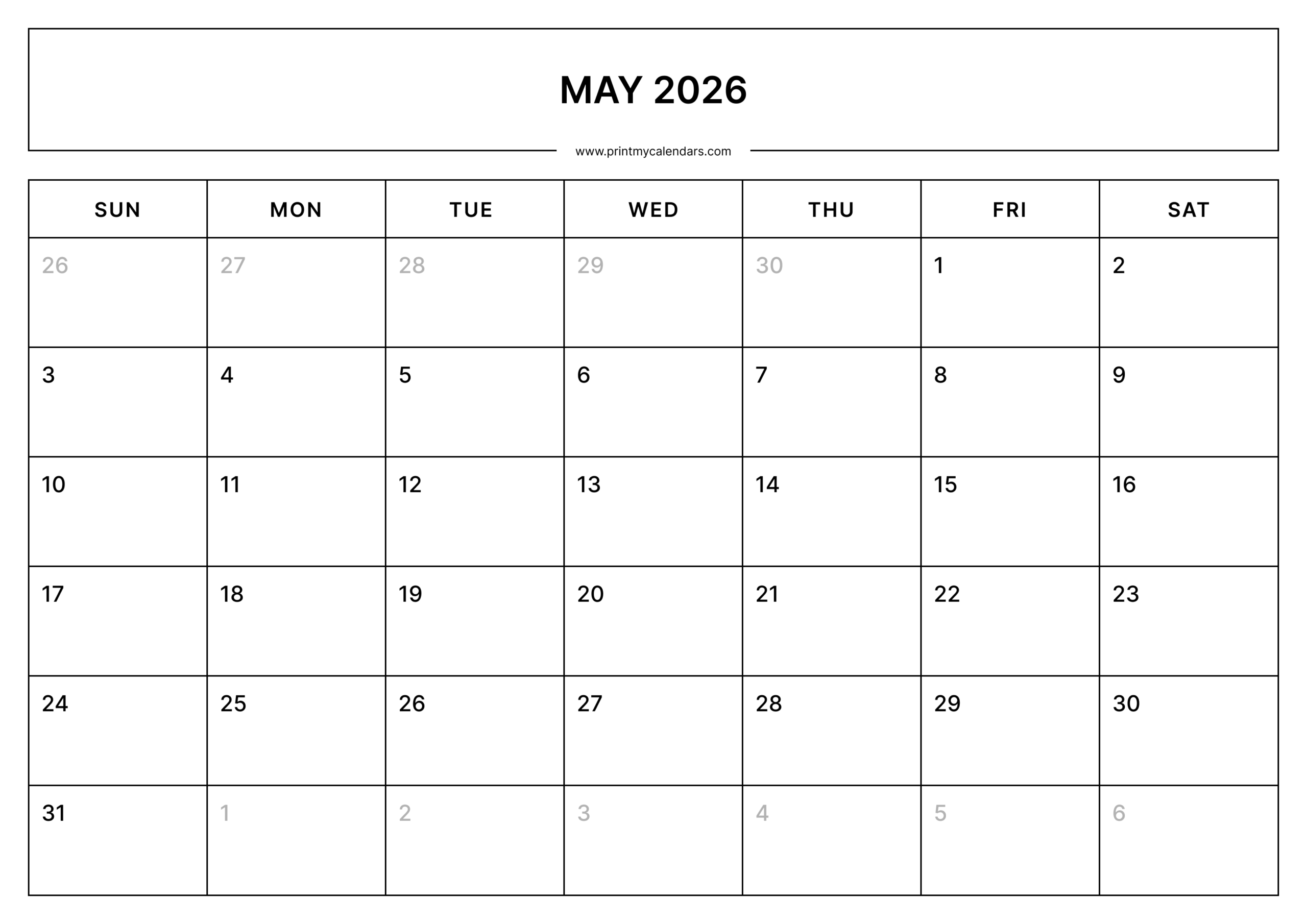 Download Printable May Blank Calendar 2026 Portrait - A4