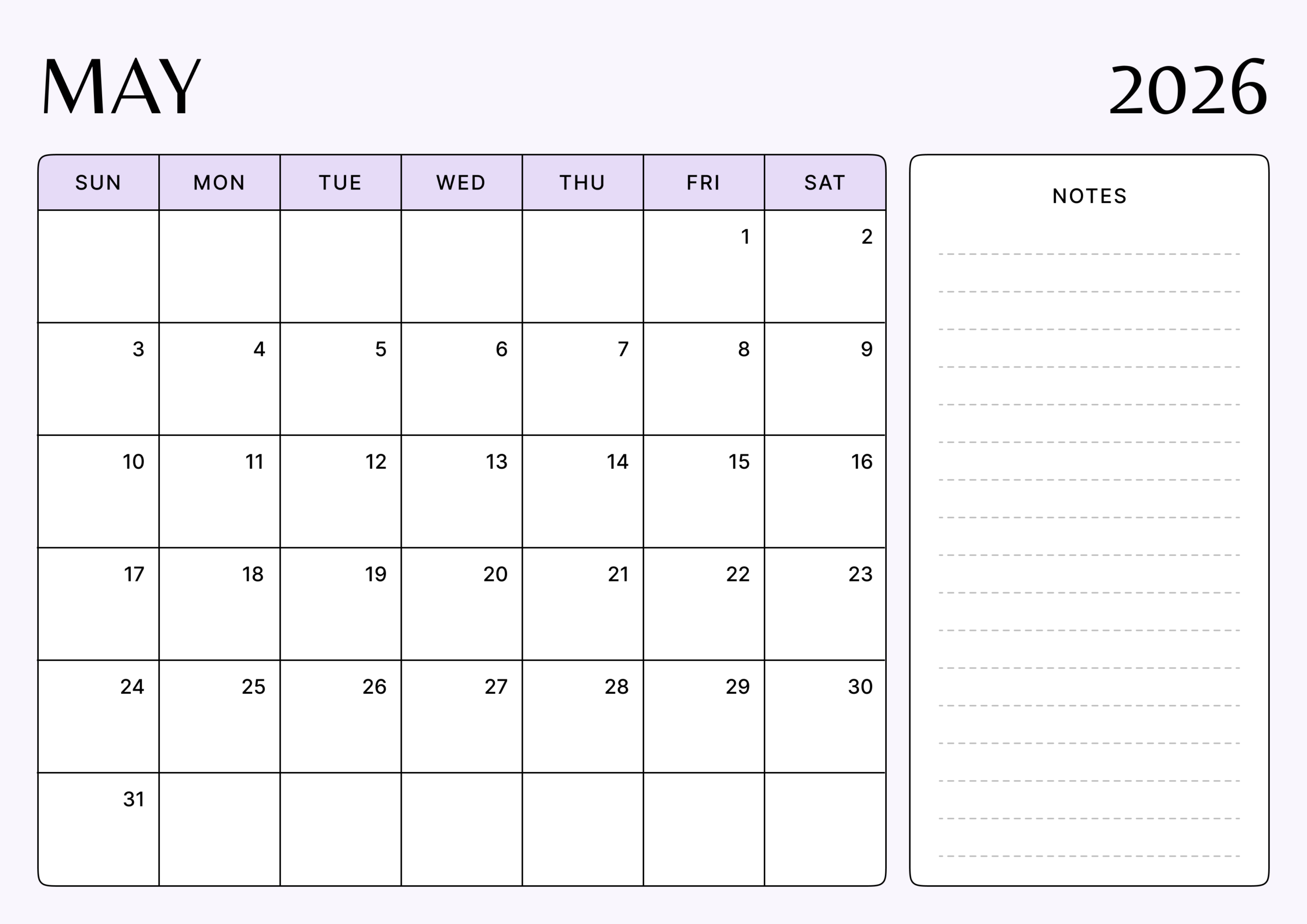 Download Printable May Calendar 2026 Purple Landscape – A4