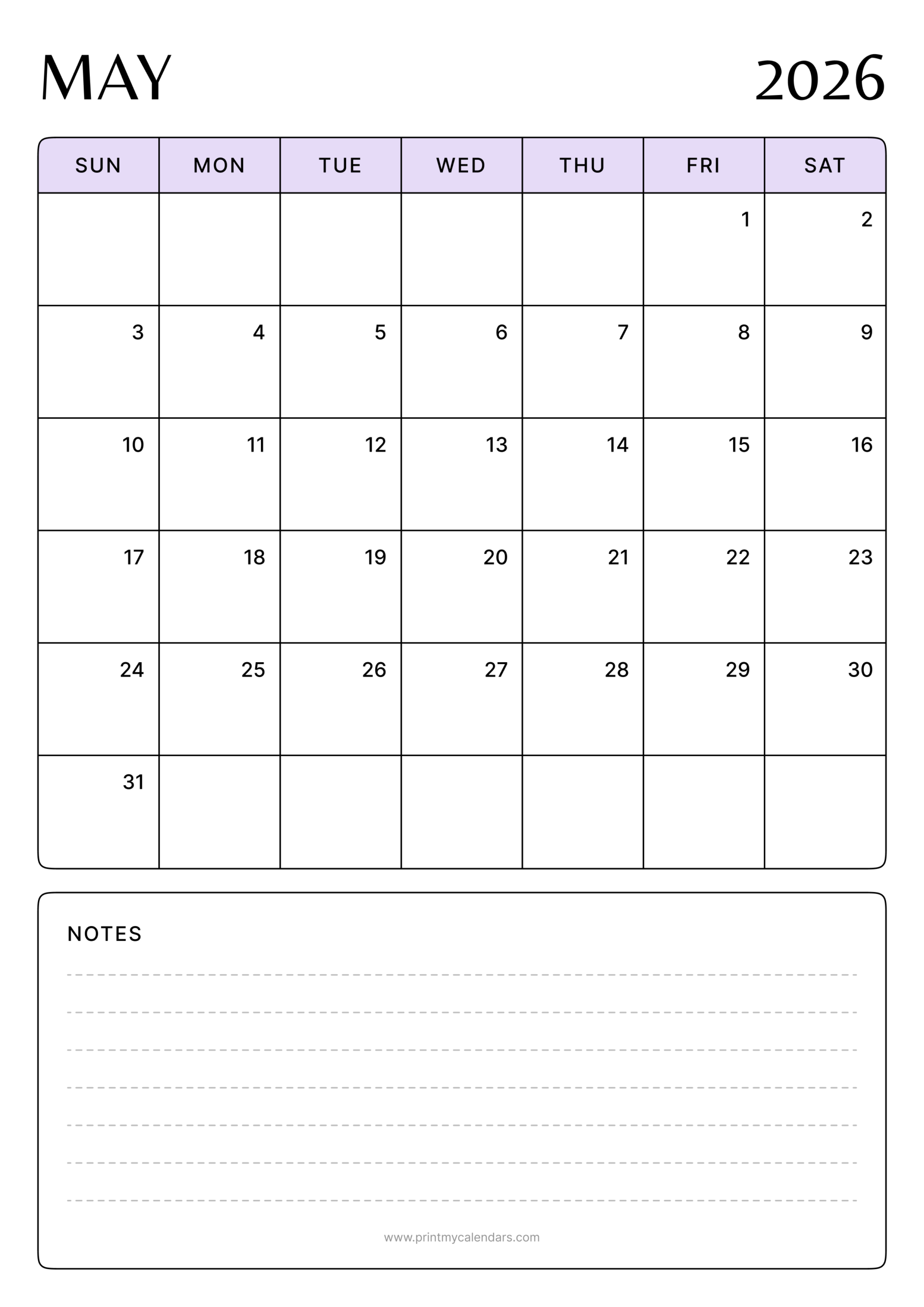 Download Printable May Calendar 2026 Purple Portrait - A4
