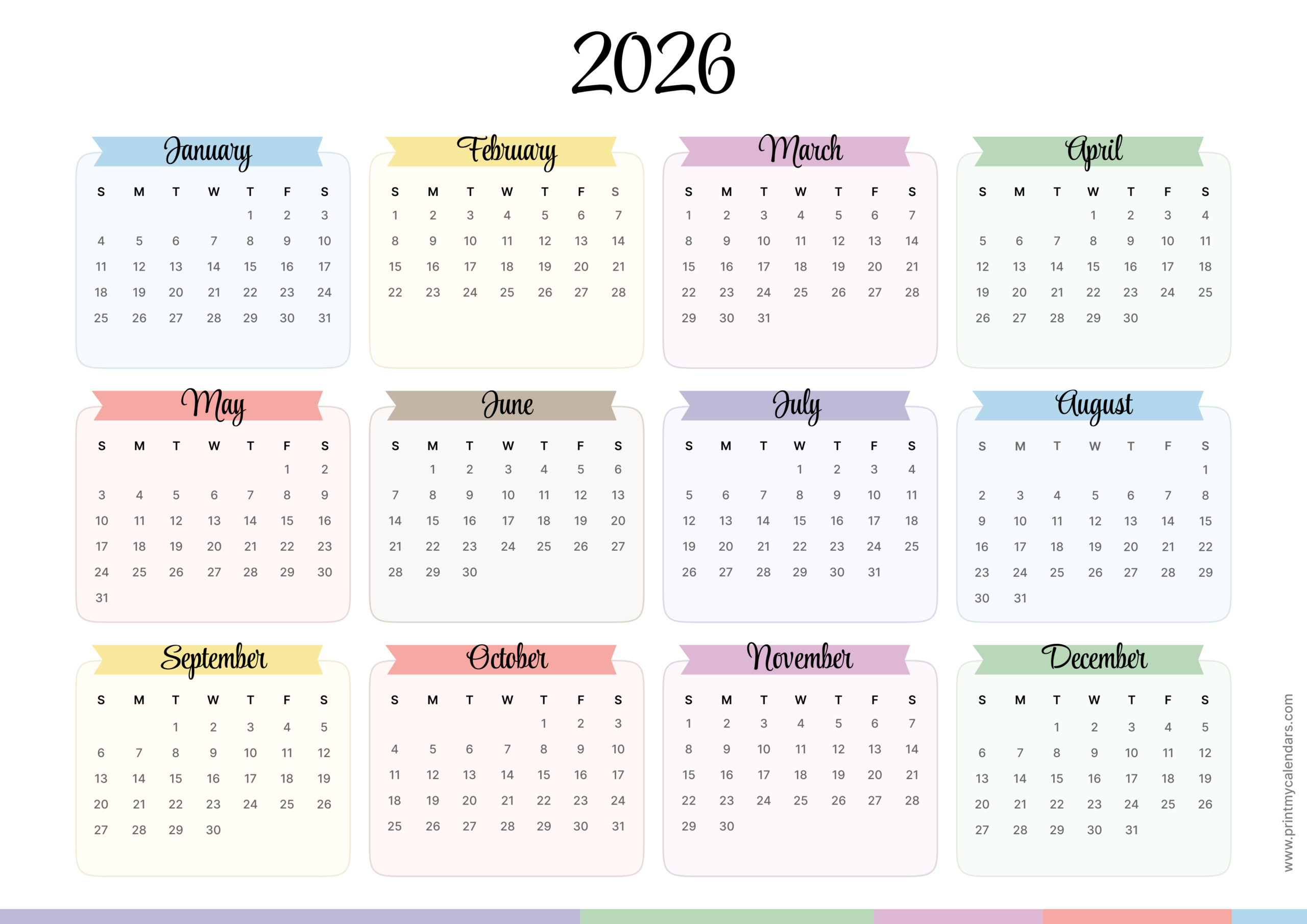 Elegant Ribbon-Header Decorative 2026 Printable Calendar Landscape - A4