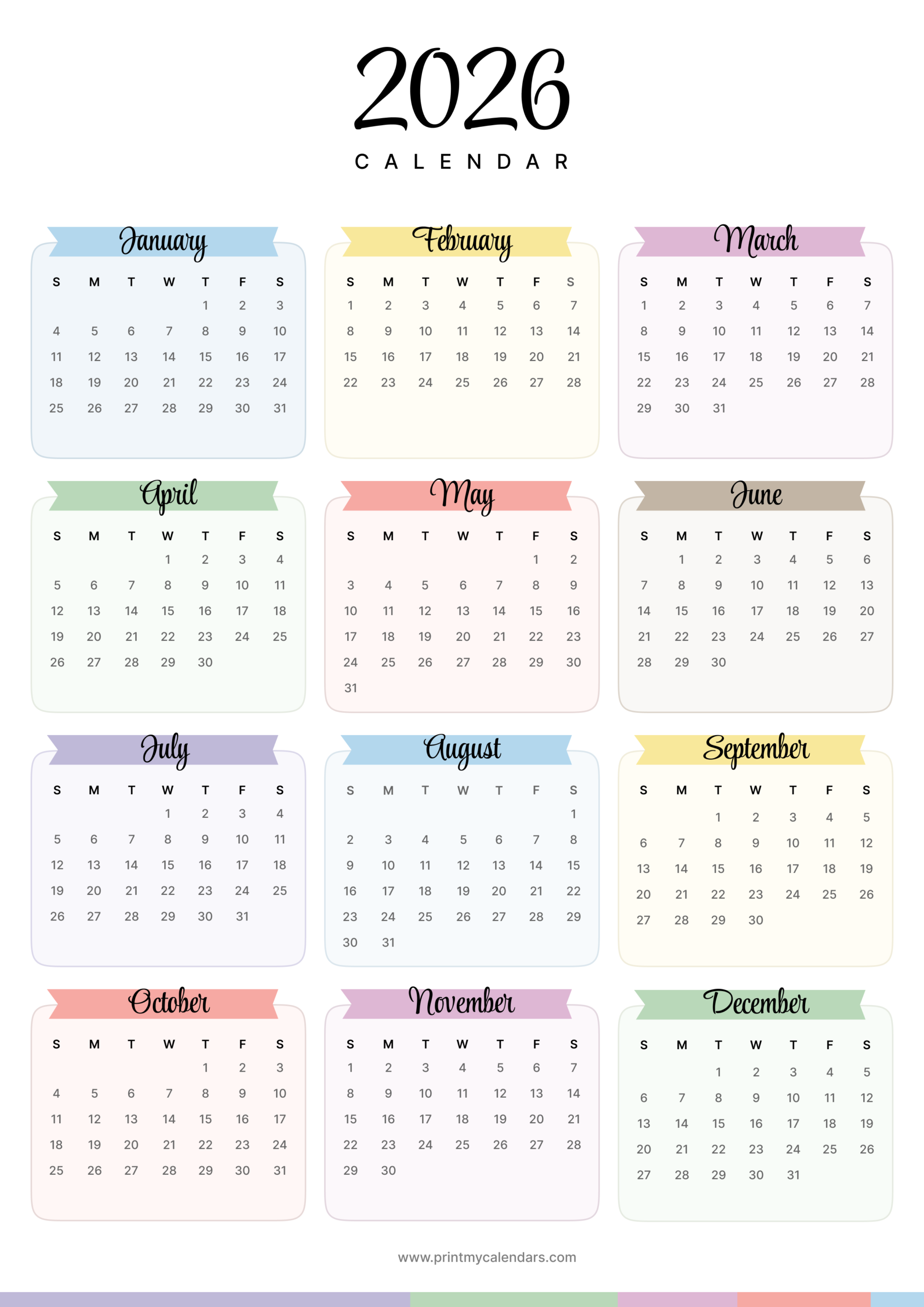 Elegant Ribbon-Header Decorative 2026 Printable Calendar Portrait - A4