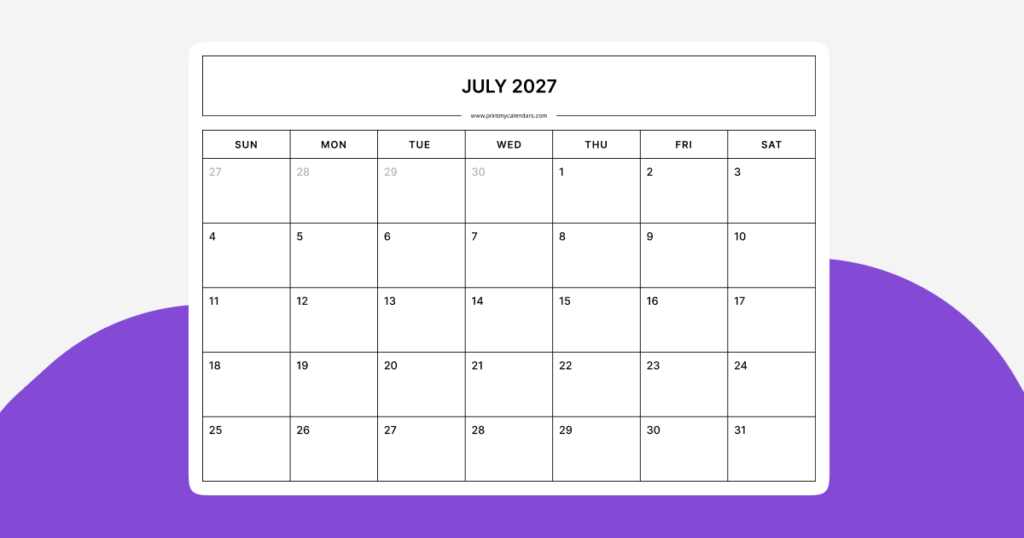 July Printable Calendar 2027