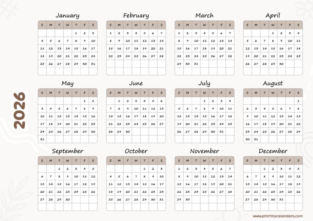 Minimalist Neutral Earth-Tone Printable 2026 Calendar Landscape - A4