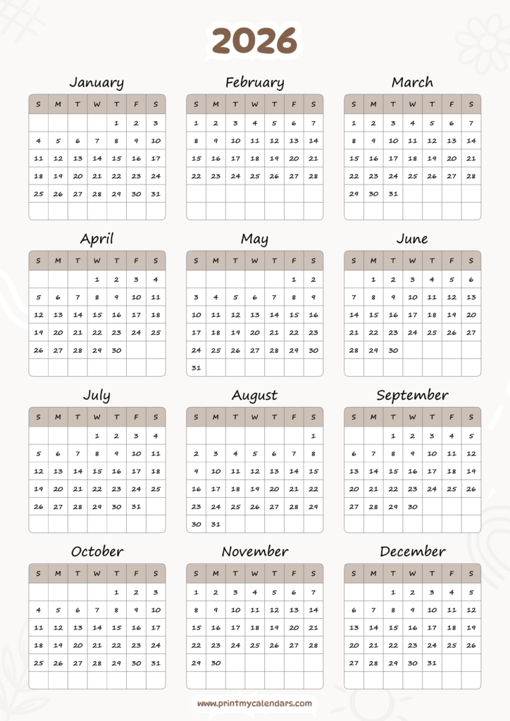 Minimalist Neutral Earth-Tone Printable 2026 Calendar Portrait - A4