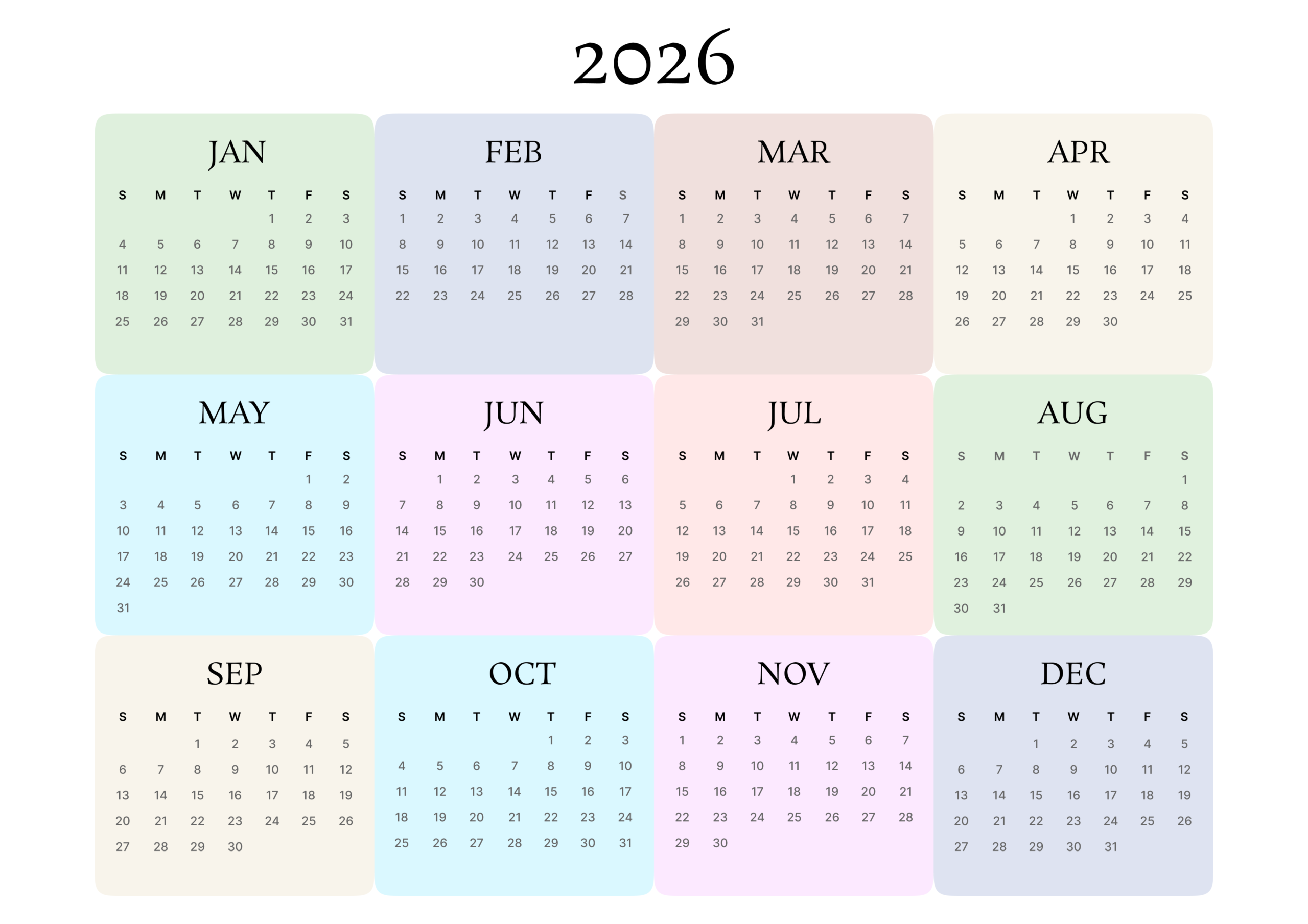 Modern Pastel Block Printable 2026 Calendar Landscape - A4
