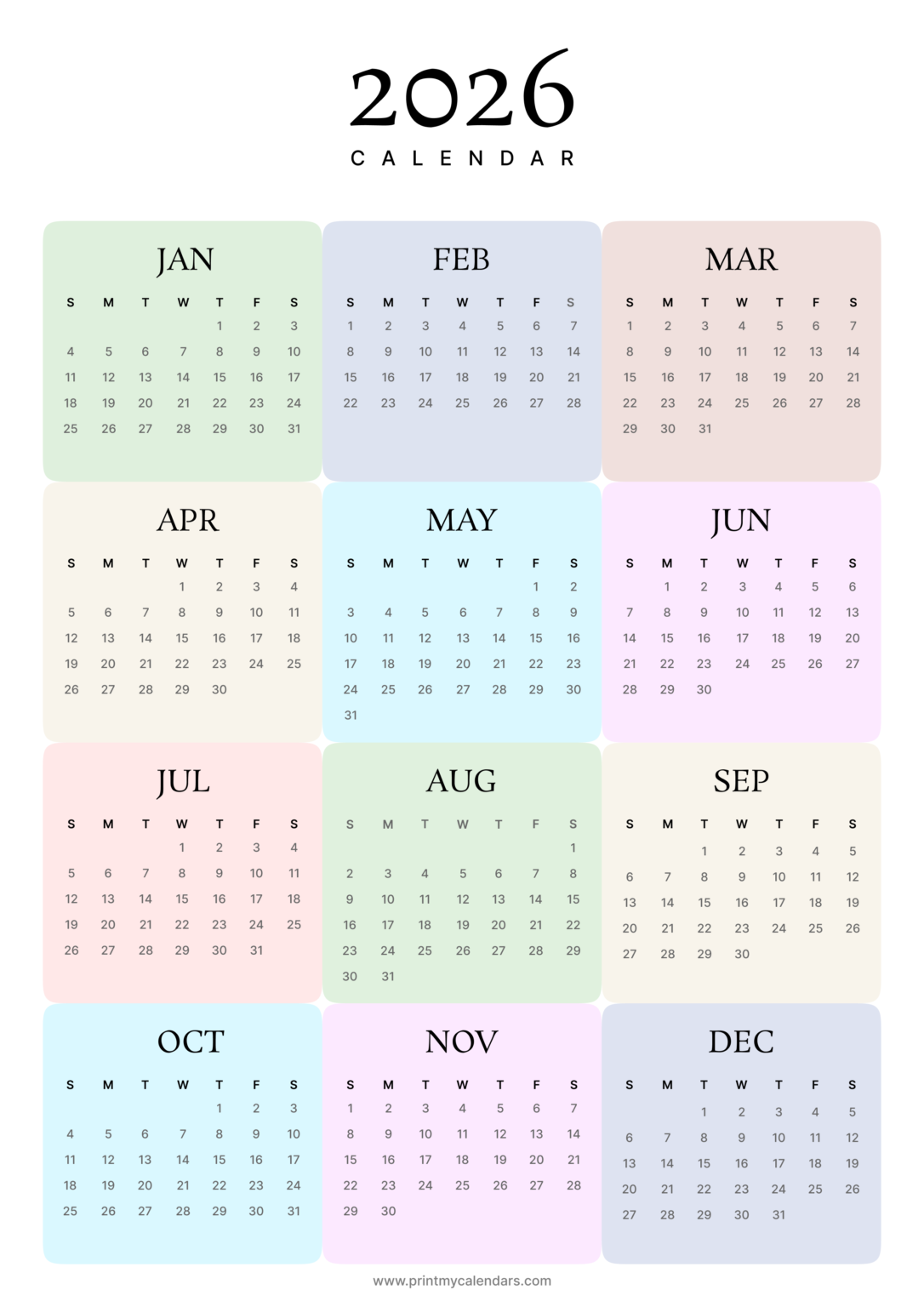 Printable Calendar 2026 (PDF - A4, Us Letter)