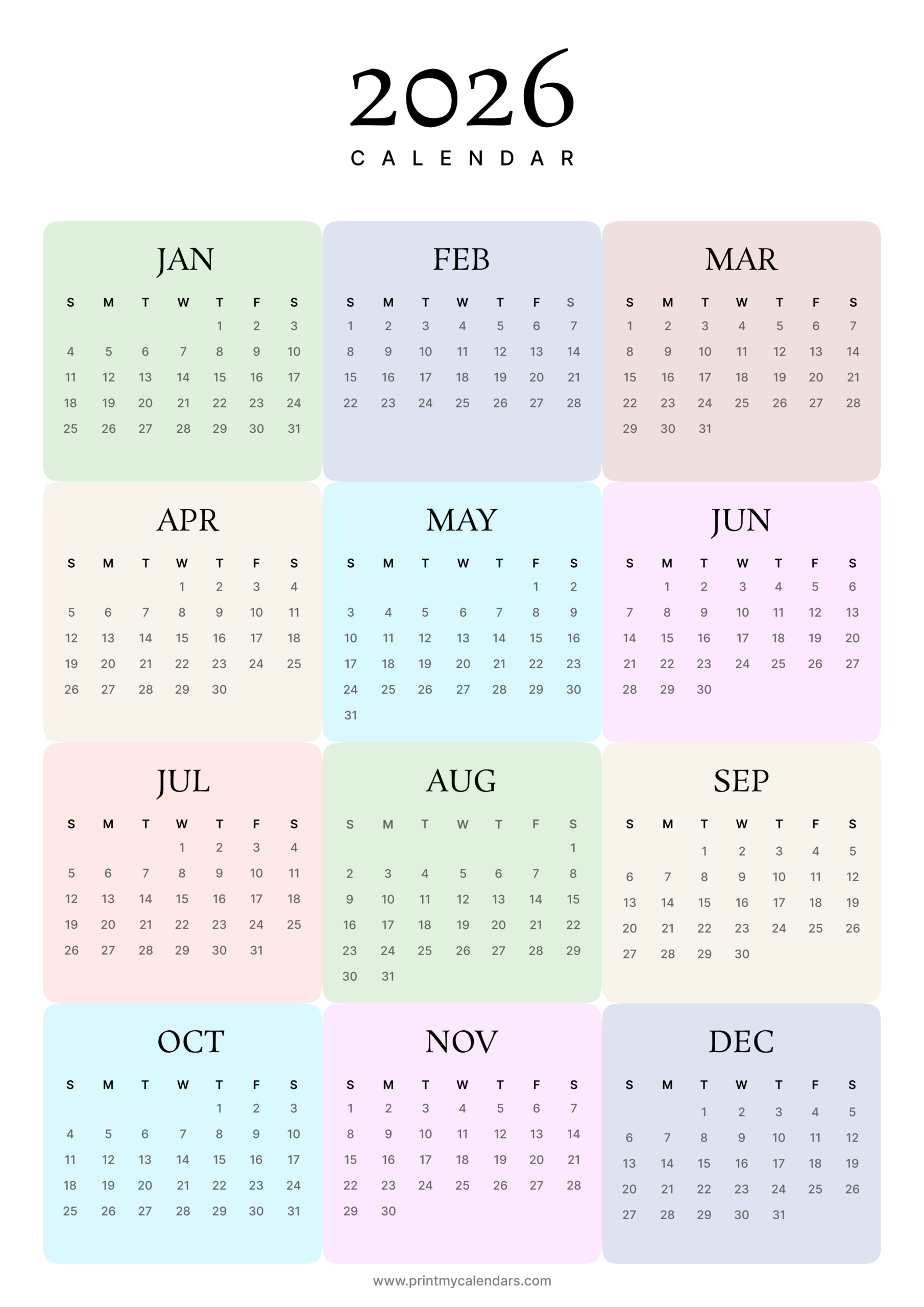 Modern Pastel Block Printable 2026 Calendar Portrait - A4