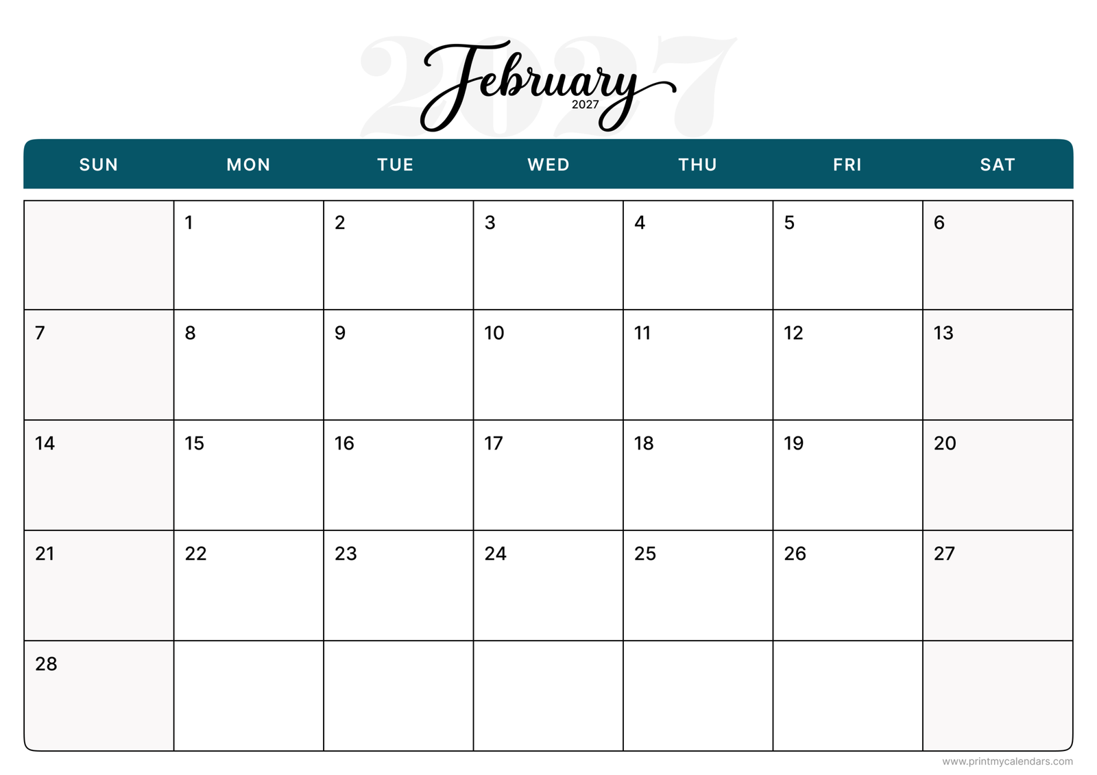 Pastel Bubble Breeze February 2027 Calendar Landscape