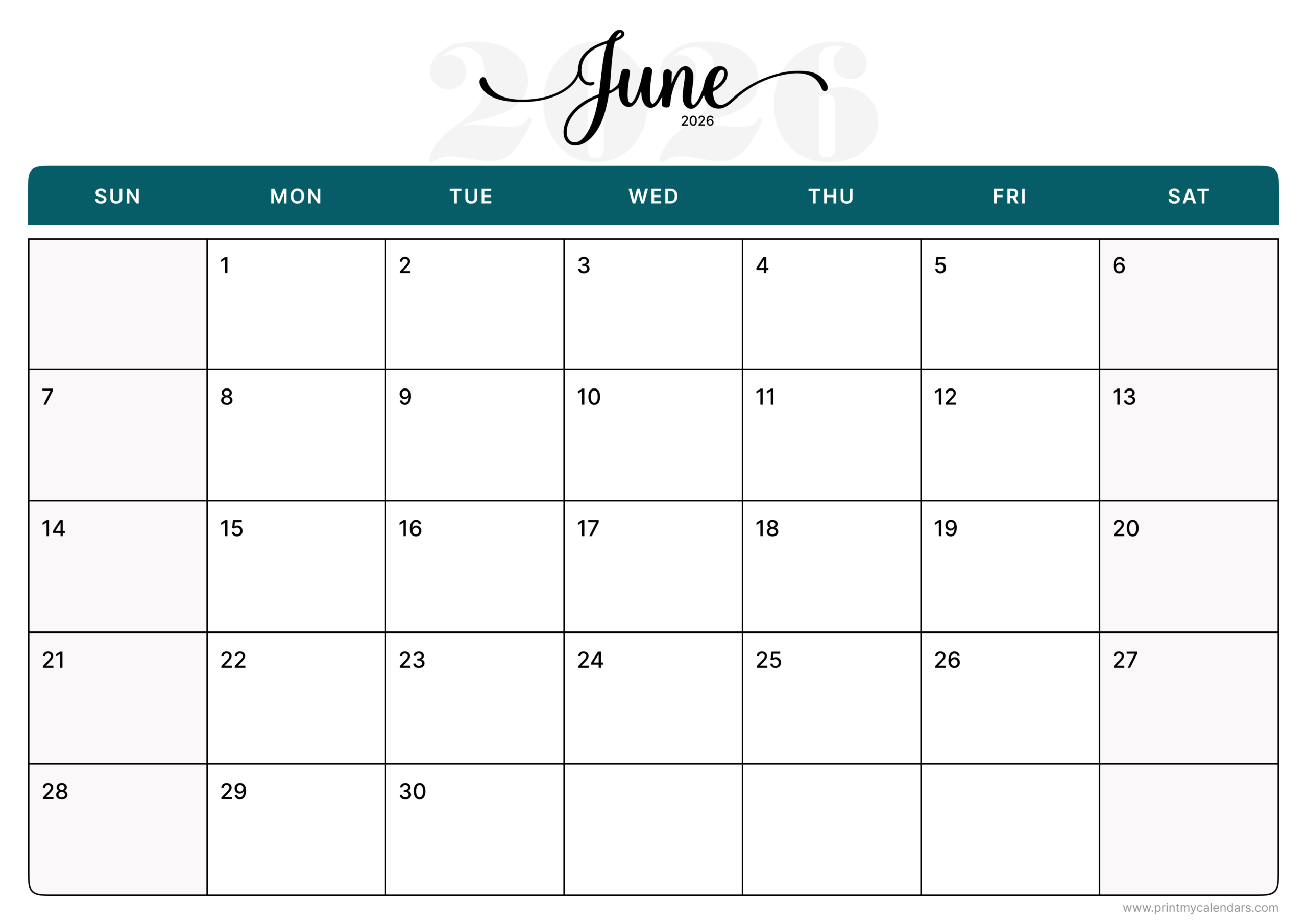 Printable Aesthetic June Calendar 2026 Landscape – A4