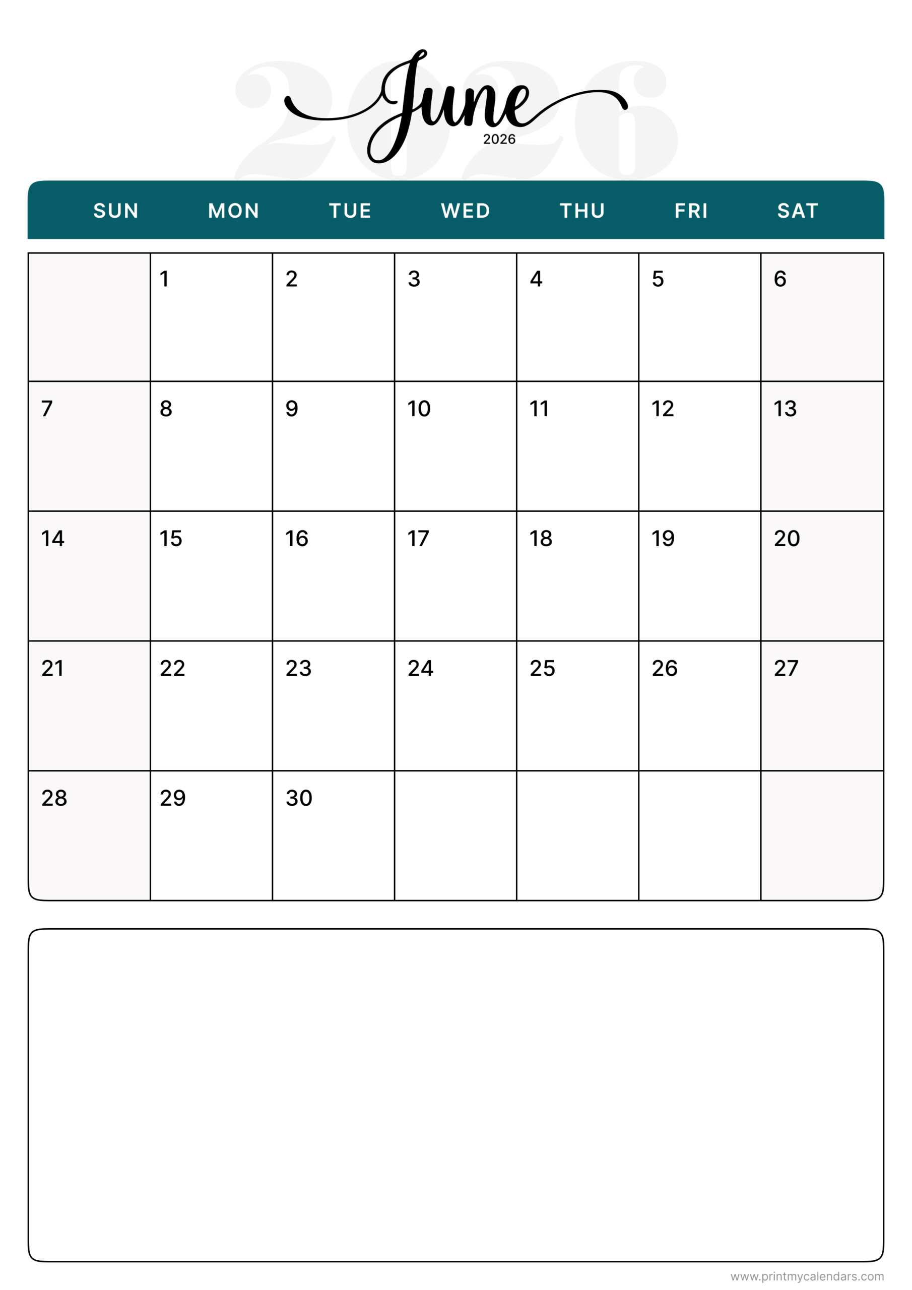Printable Aesthetic June Calendar 2026 Portrait – A4