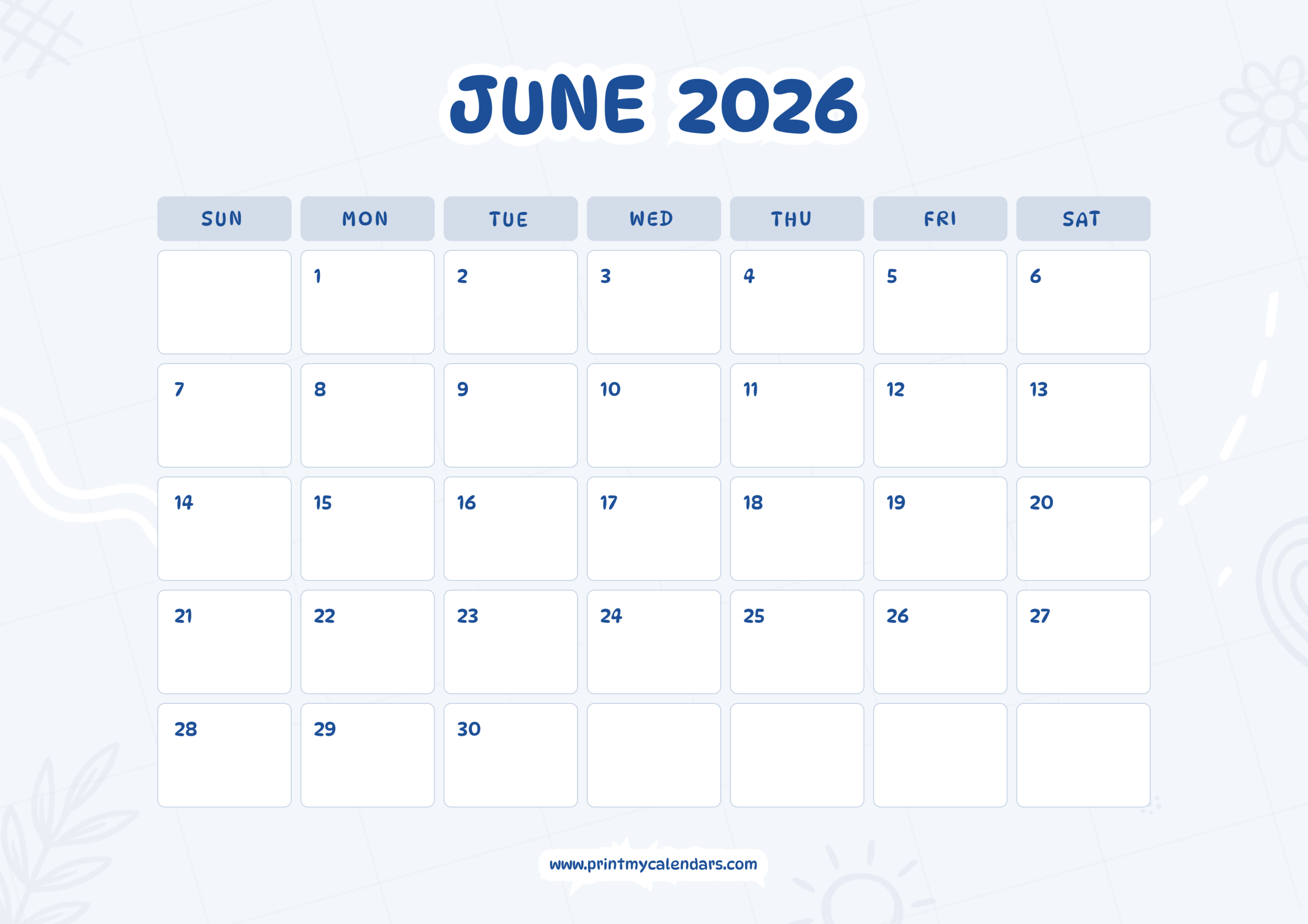 Printable Blue June Calendar 2026 Landscape – A4