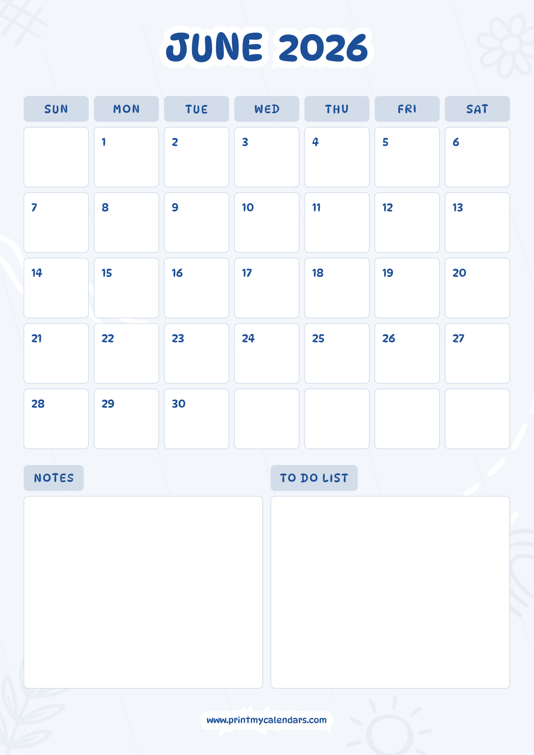 Printable Blue June Calendar 2026 Portrait – A4