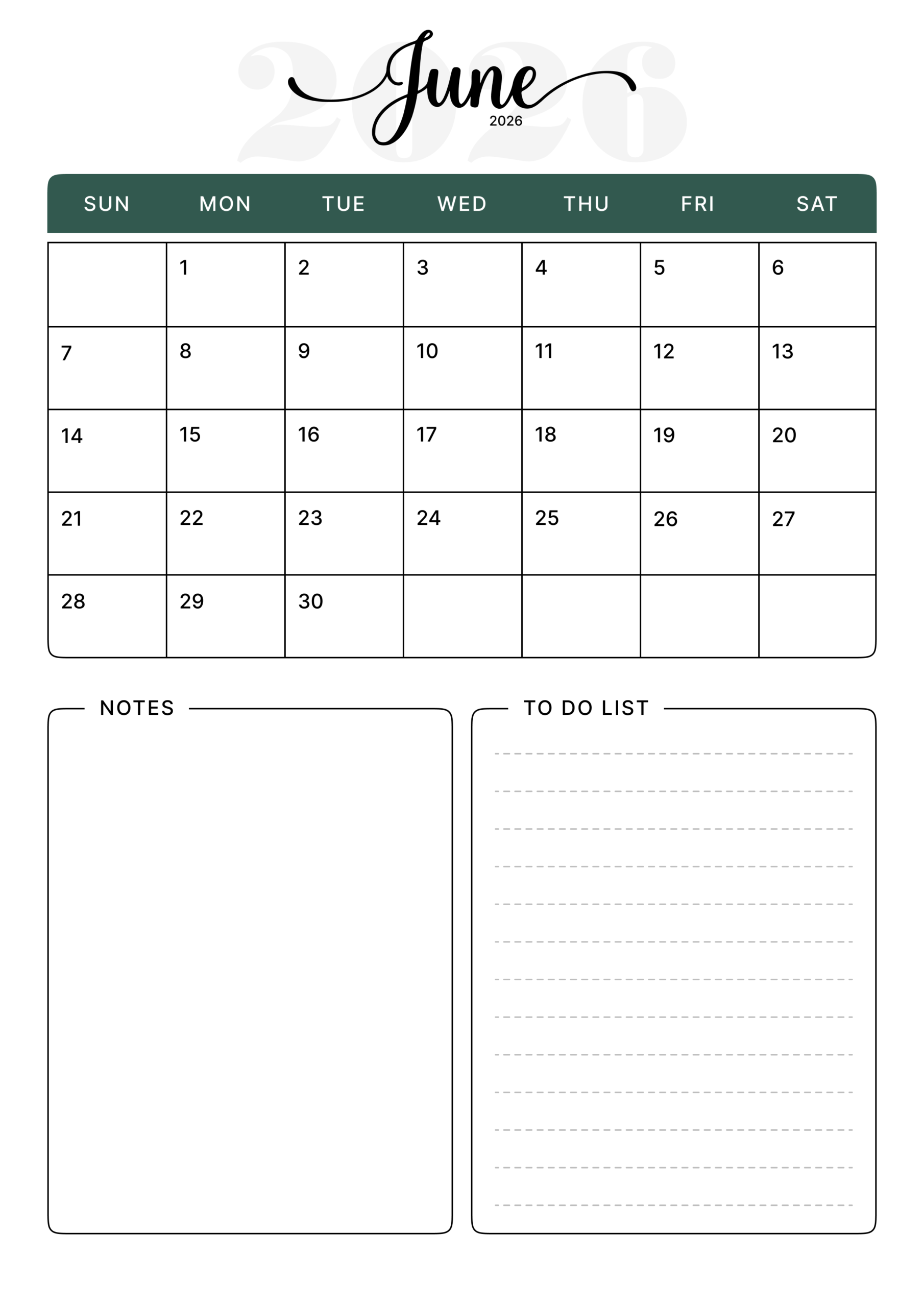 Printable Green Aesthetic June Calendar 2026 Portrait – A4