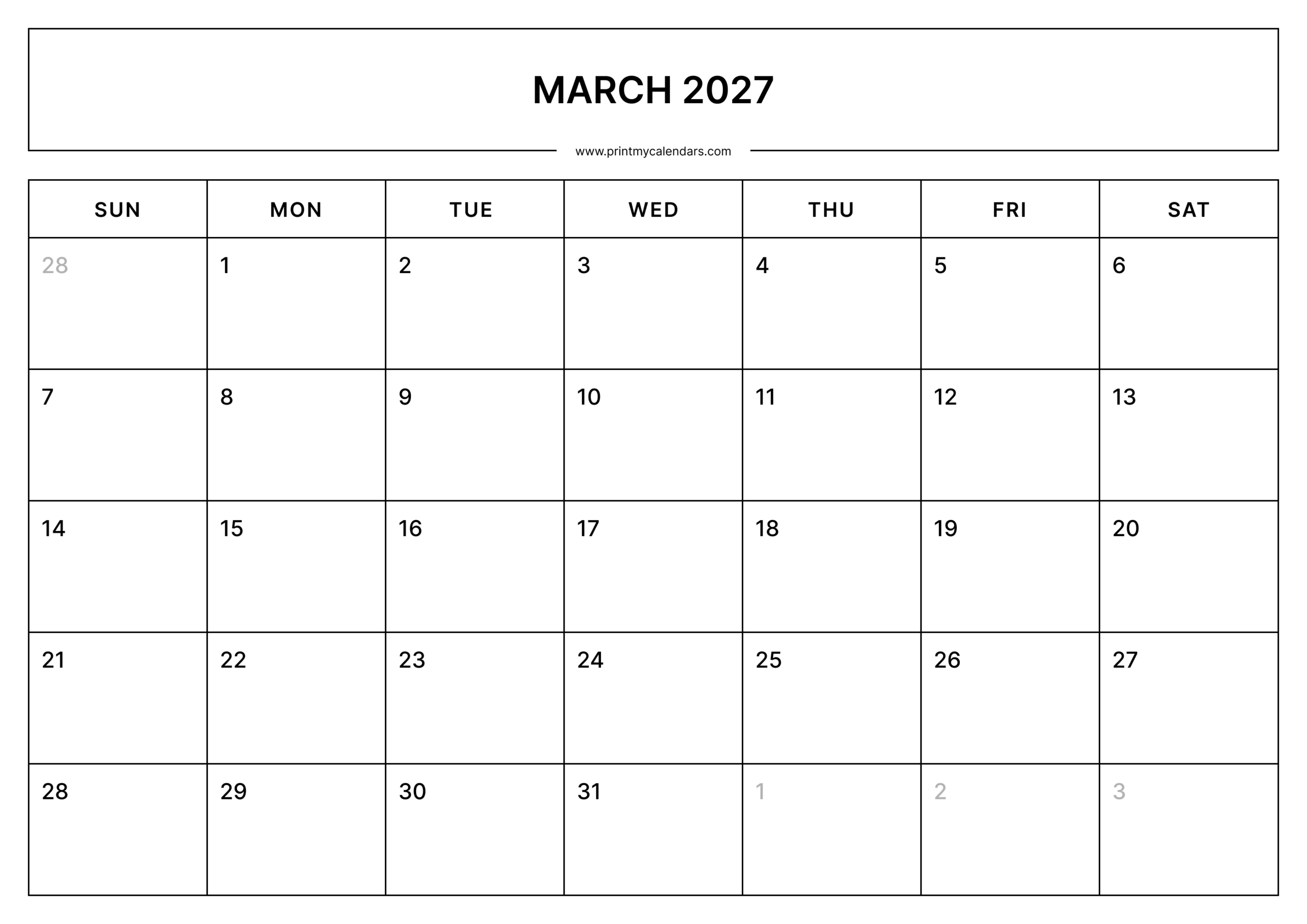 Printable January Calendar 2027