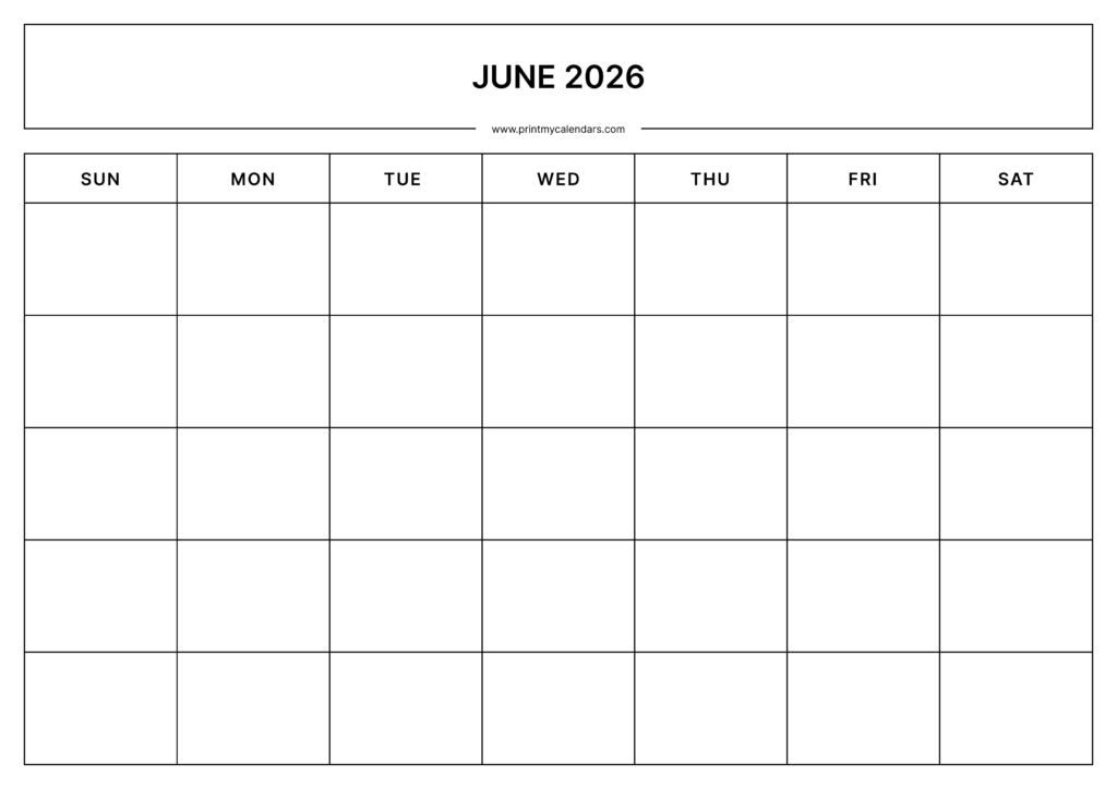 Printable June Blank Calendar 2026 Landscape