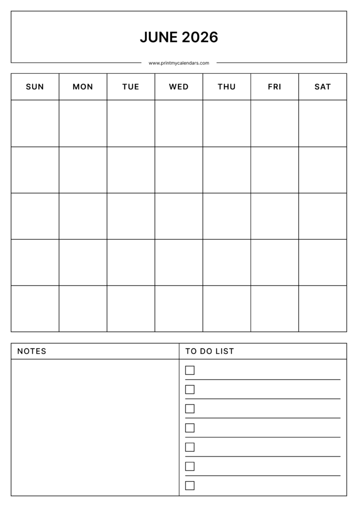 Printable June Blank Calendar 2026 Portrait - A4
