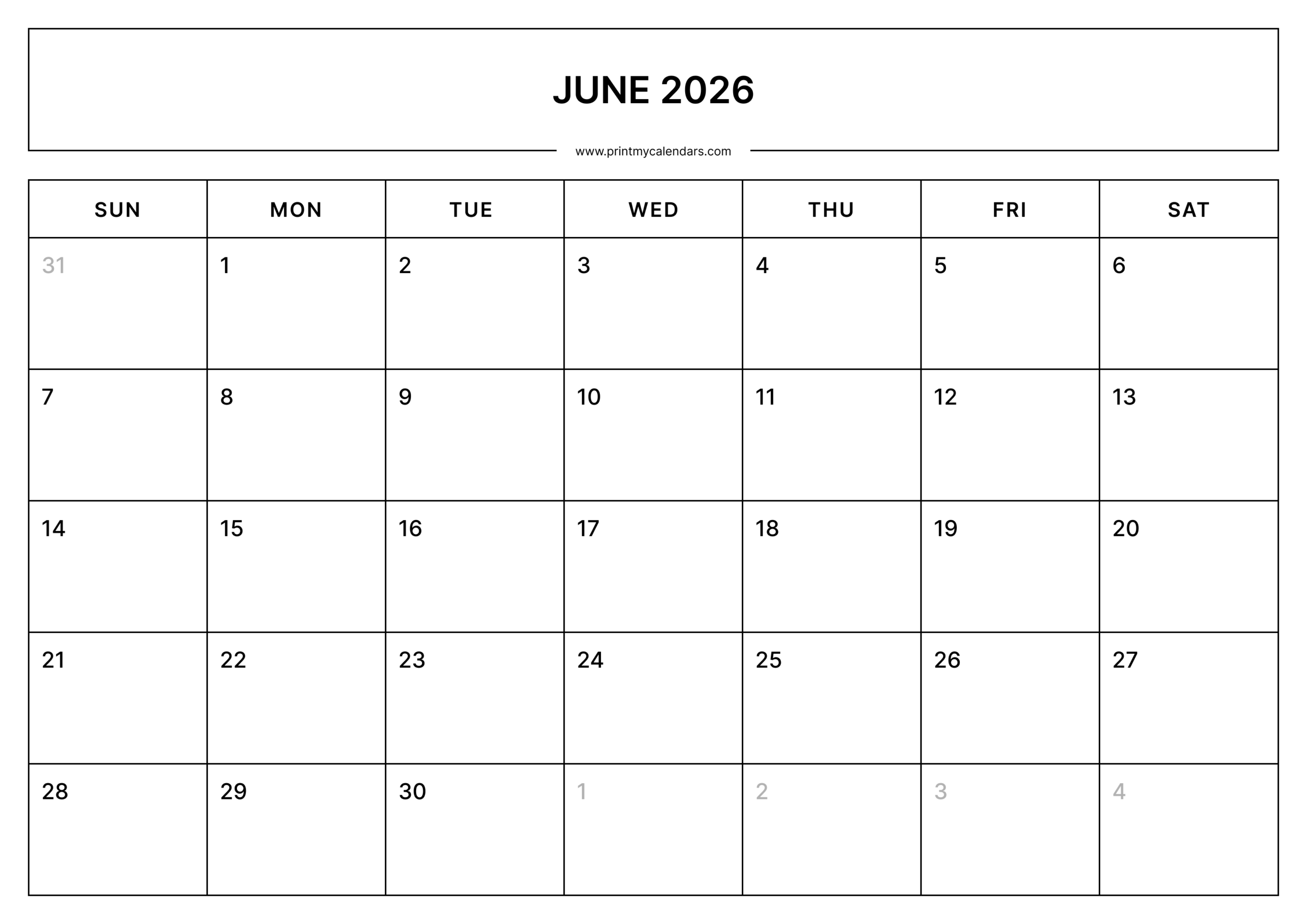 Printable June Calendar 2026 Landscape