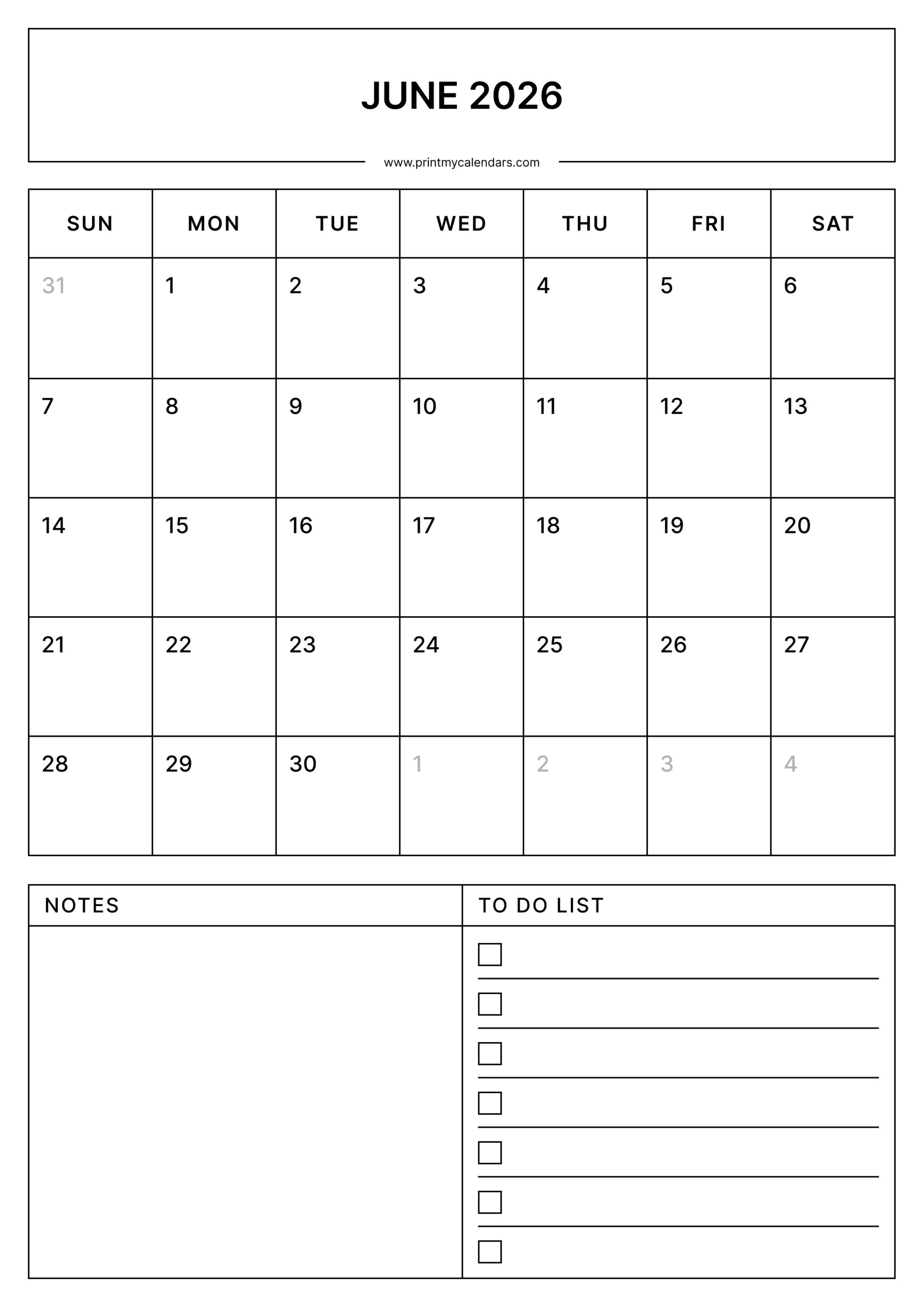 Printable June Calendar 2026 Portrait - A4