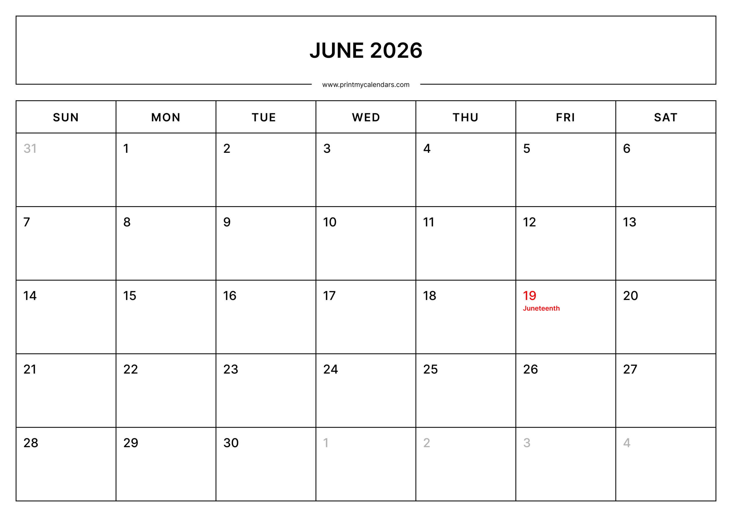Printable June Calendar 2026 With Us Holidays Landscape